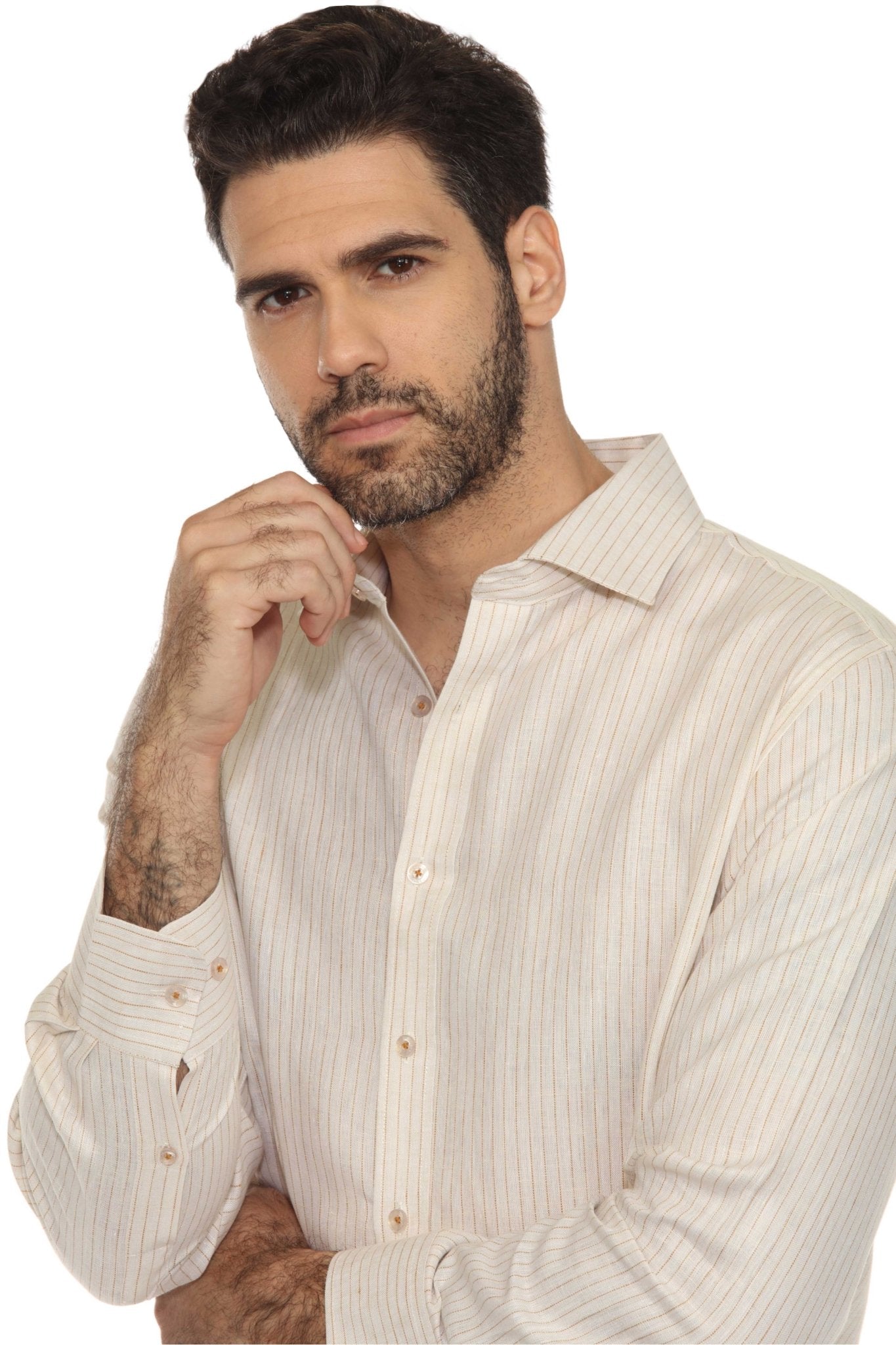Camisa informal de hombre con cuello mandarín y raya diplomática, 100 % lino, manga larga, botones