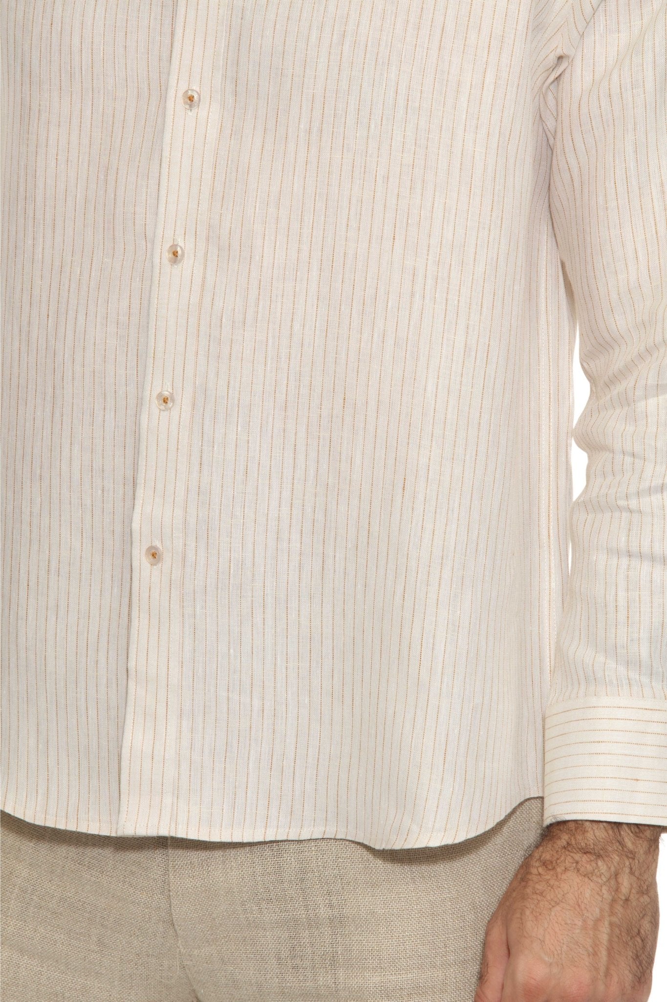 Camisa informal de hombre con cuello mandarín y raya diplomática, 100 % lino, manga larga, botones