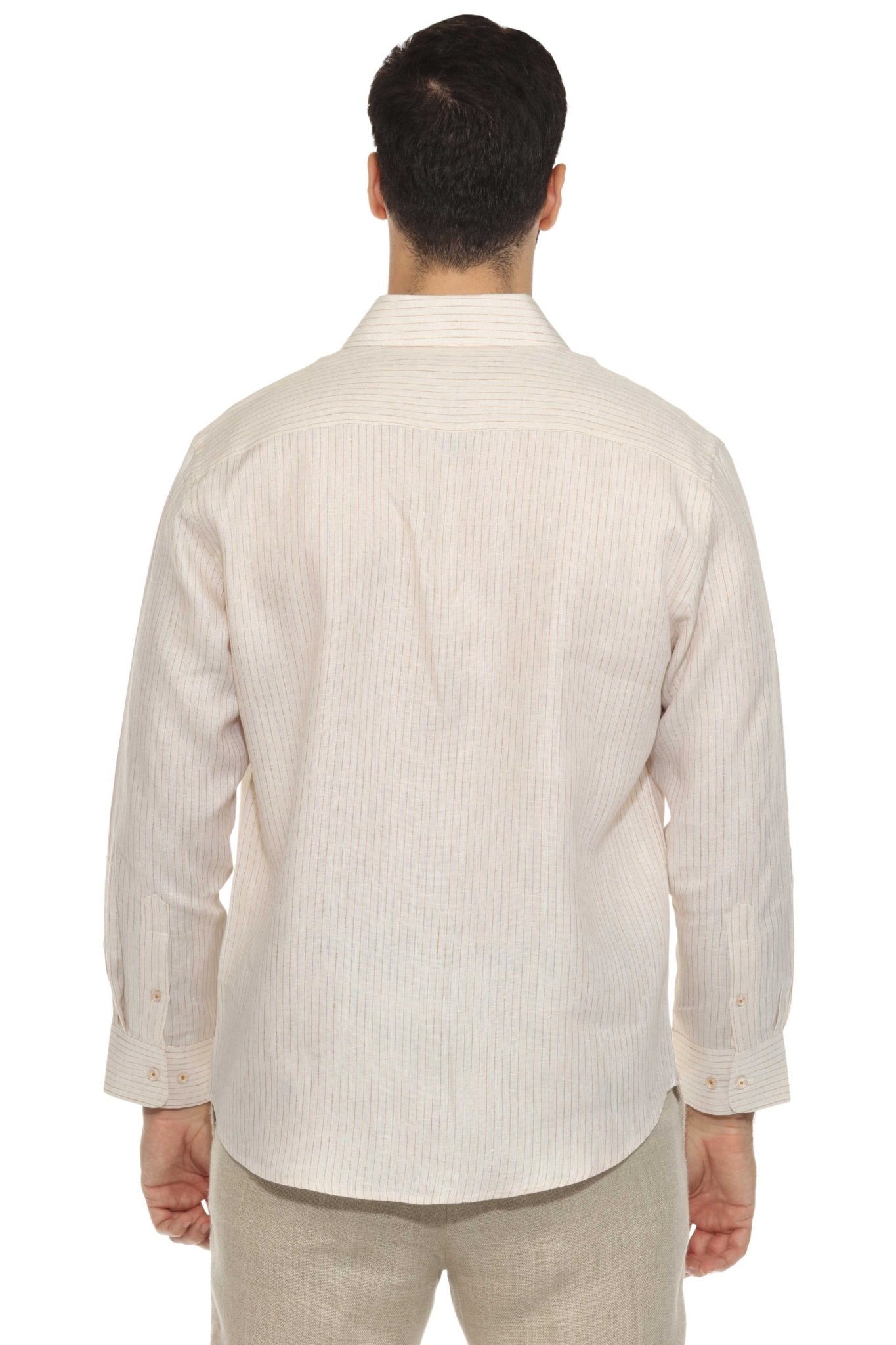 Camisa informal de hombre con cuello mandarín y raya diplomática, 100 % lino, manga larga, botones