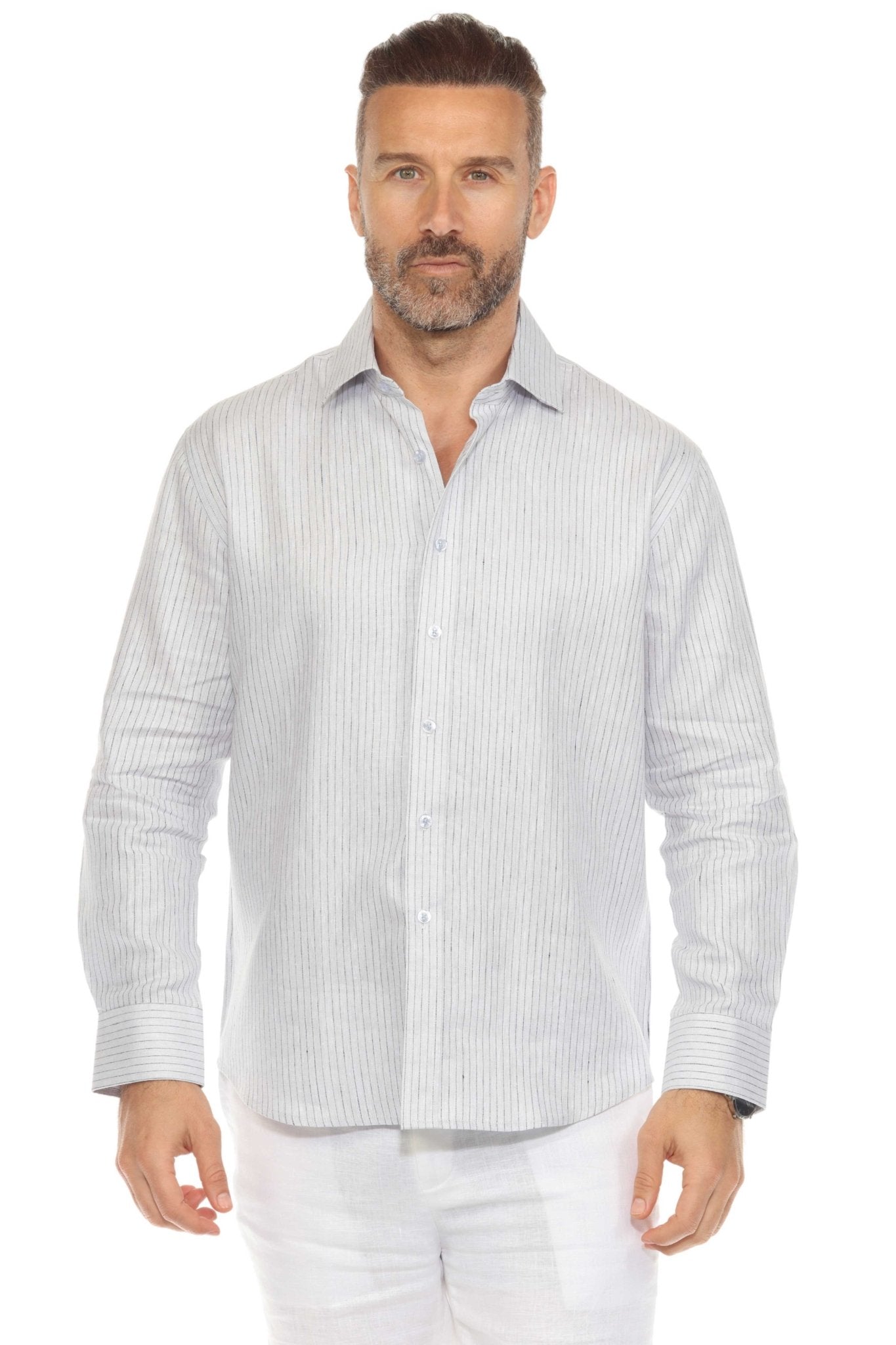 Camisa informal de hombre con cuello mandarín y raya diplomática, 100 % lino, manga larga, botones