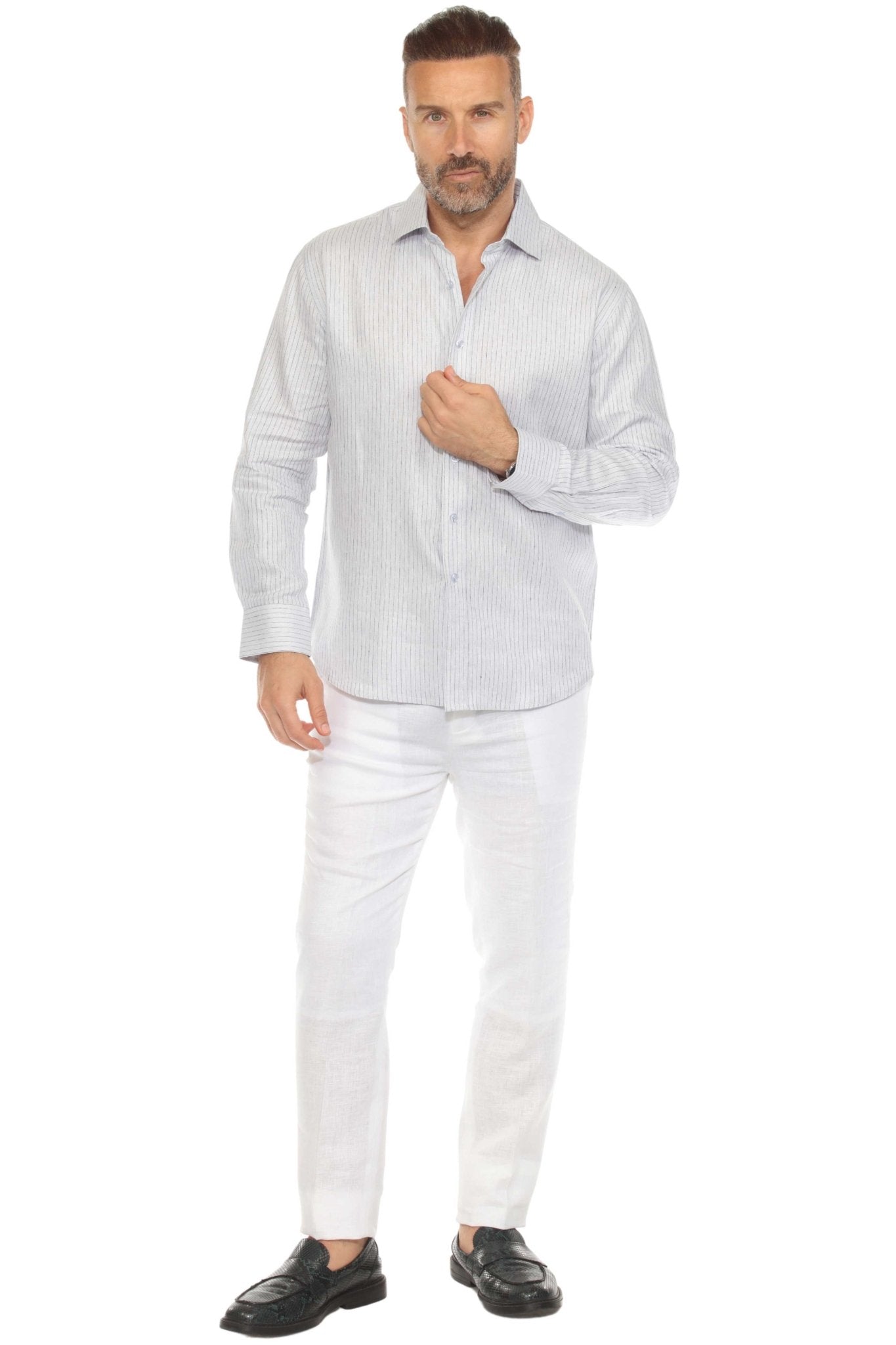 Camisa informal de hombre con cuello mandarín y raya diplomática, 100 % lino, manga larga, botones