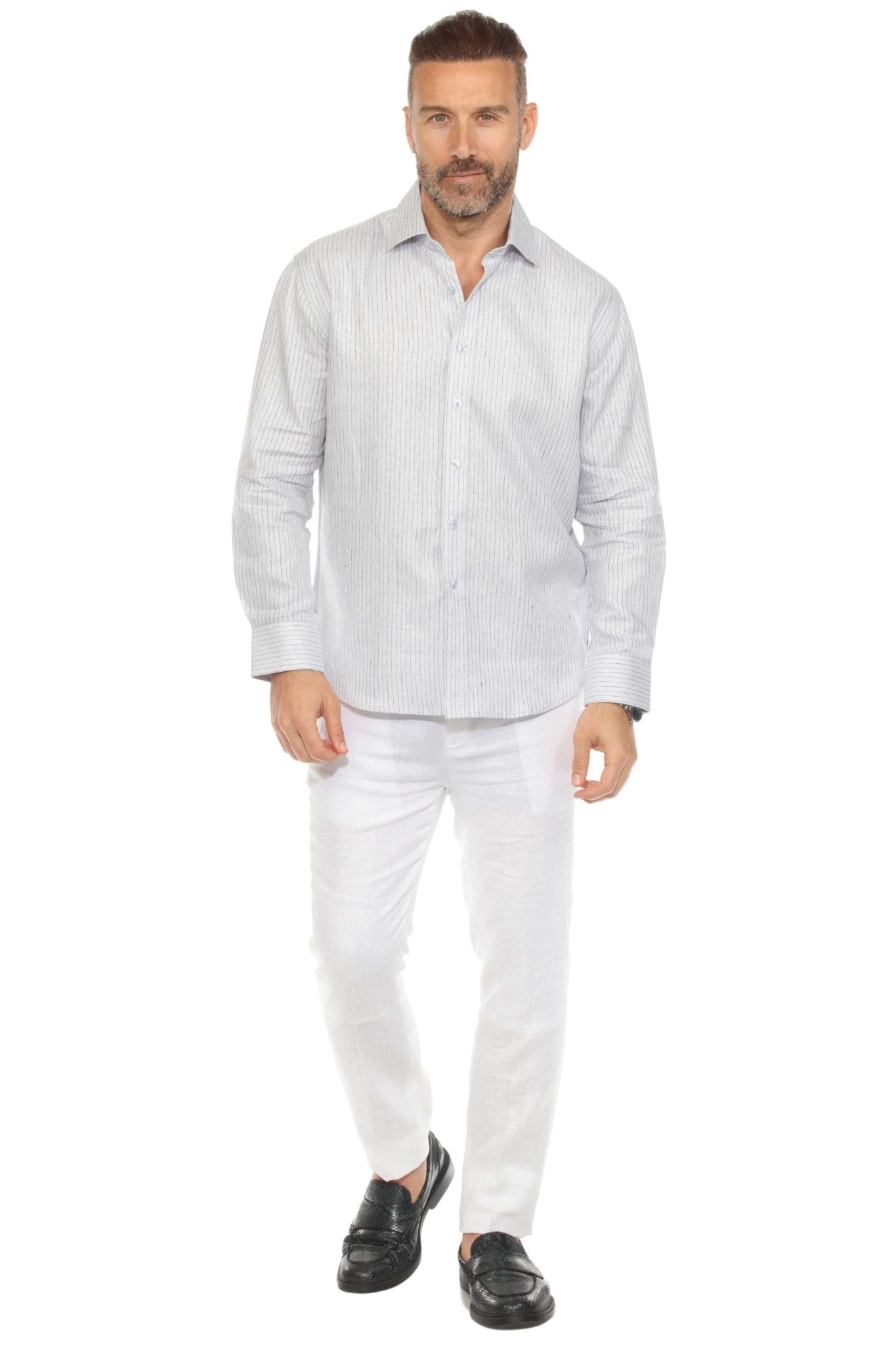 Camisa informal de hombre con cuello mandarín y raya diplomática, 100 % lino, manga larga, botones