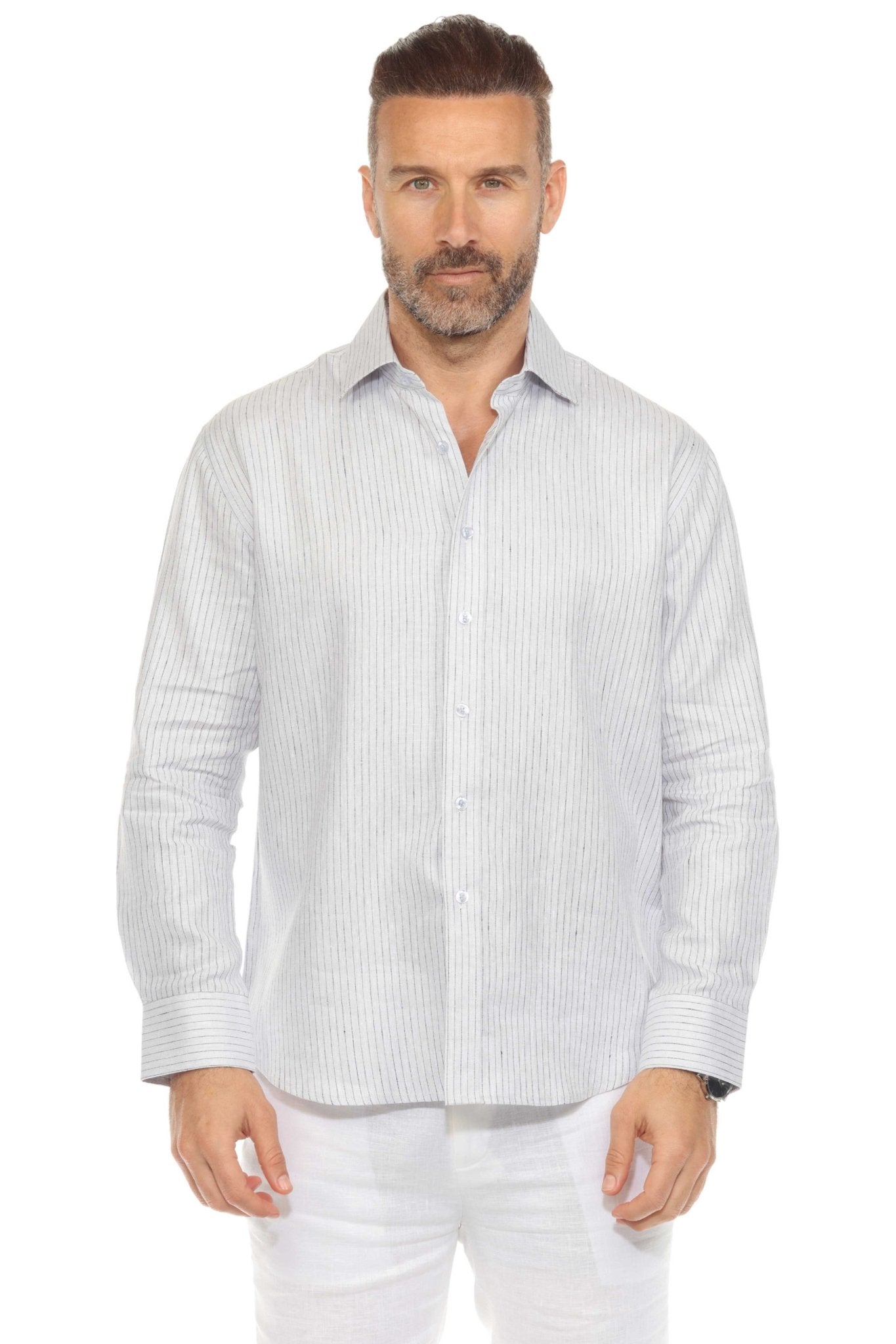 Camisa informal de hombre con cuello mandarín y raya diplomática, 100 % lino, manga larga, botones