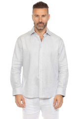 Camisa informal de hombre con cuello mandarín y raya diplomática, 100 % lino, manga larga, botones