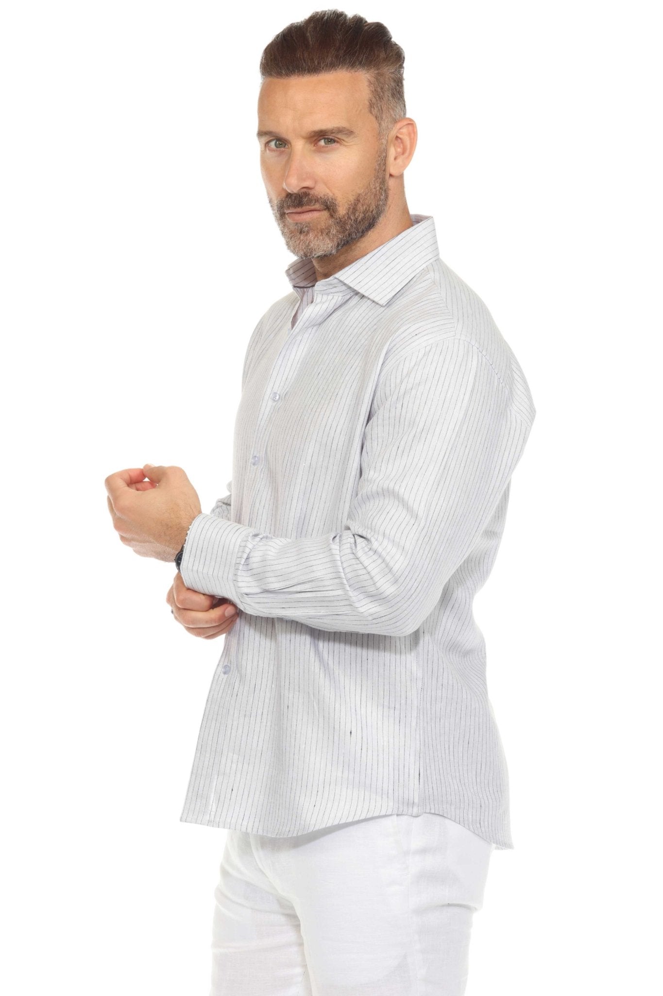 Camisa informal de hombre con cuello mandarín y raya diplomática, 100 % lino, manga larga, botones