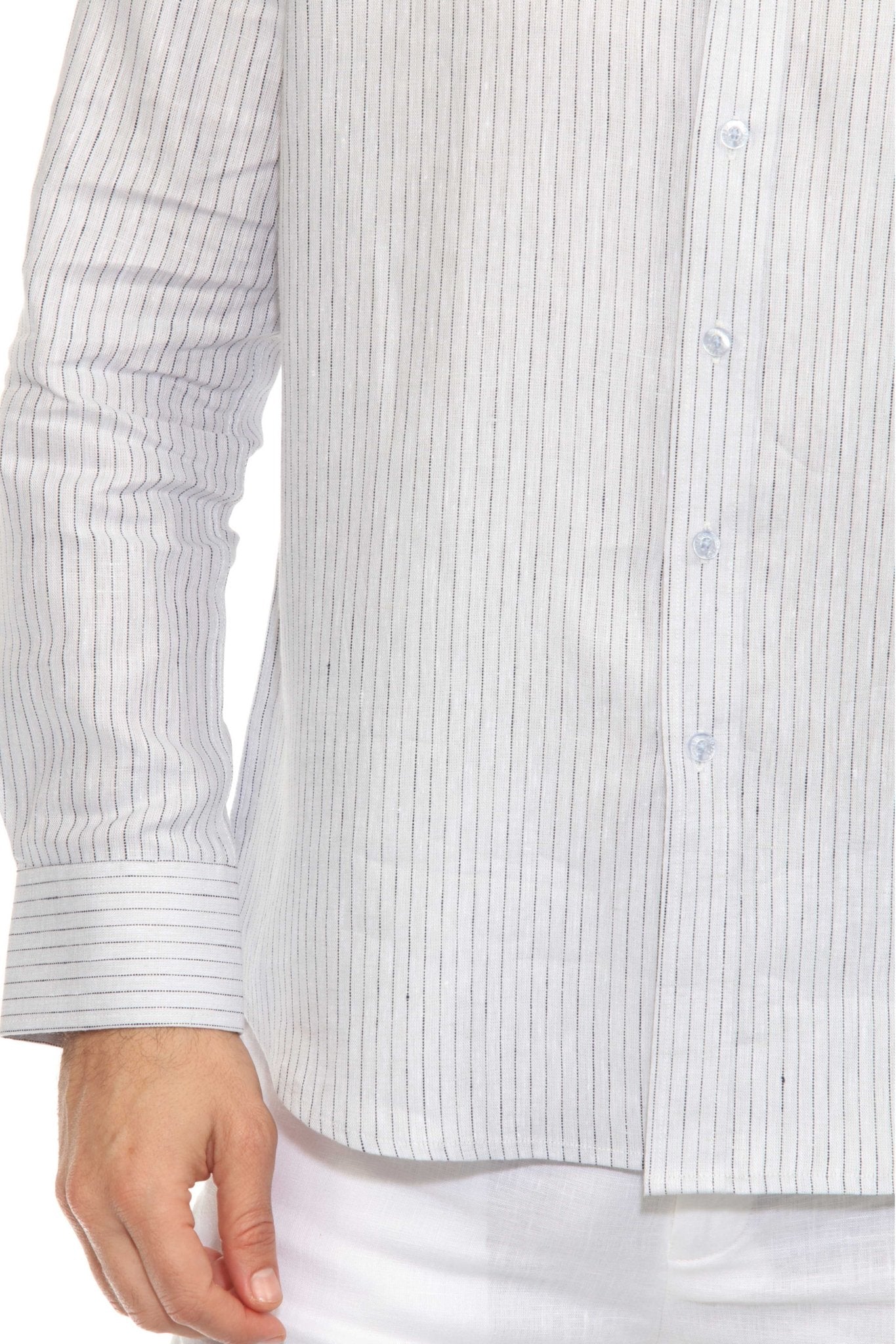 Camisa informal de hombre con cuello mandarín y raya diplomática, 100 % lino, manga larga, botones