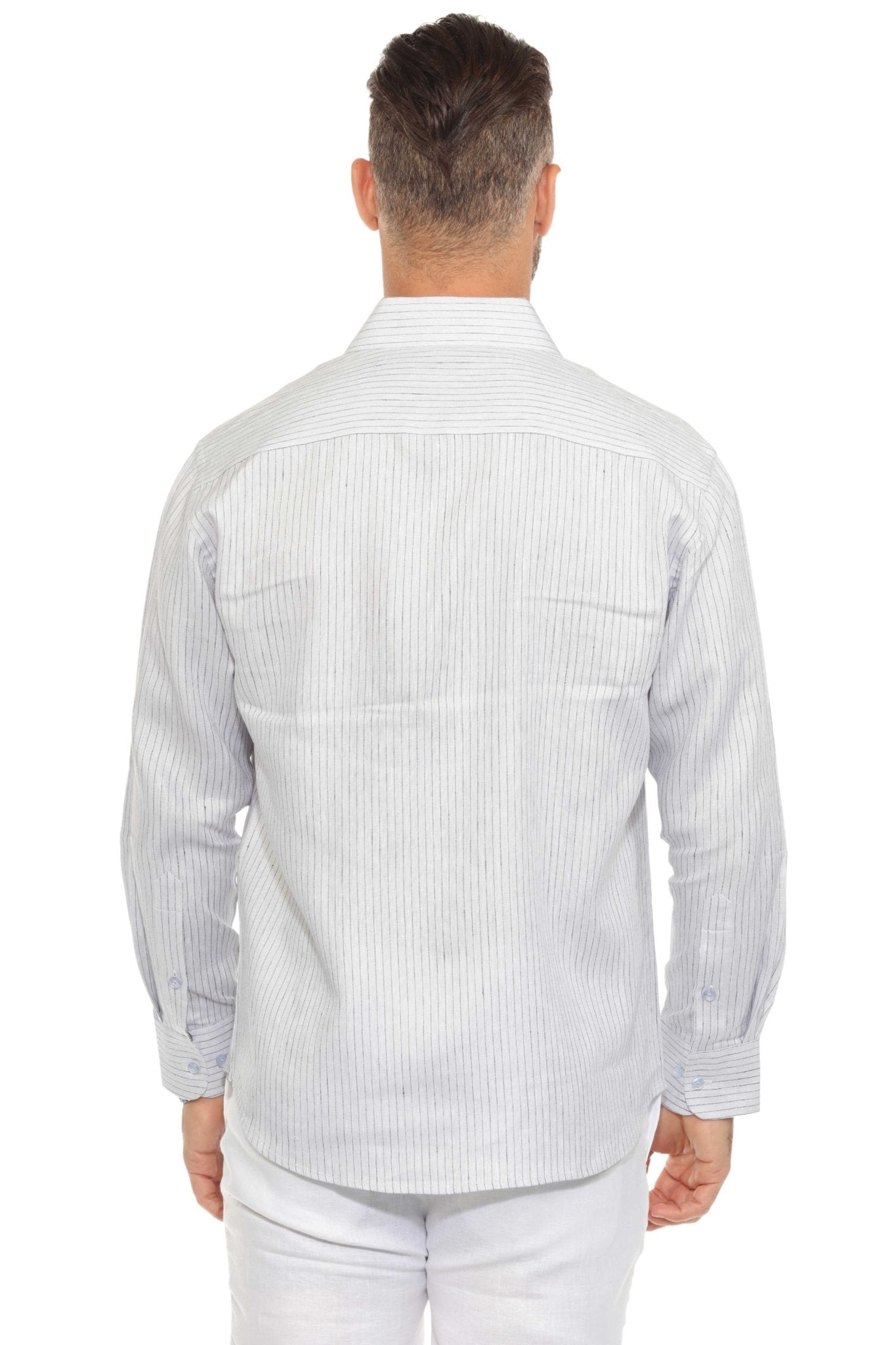 Camisa informal de hombre con cuello mandarín y raya diplomática, 100 % lino, manga larga, botones