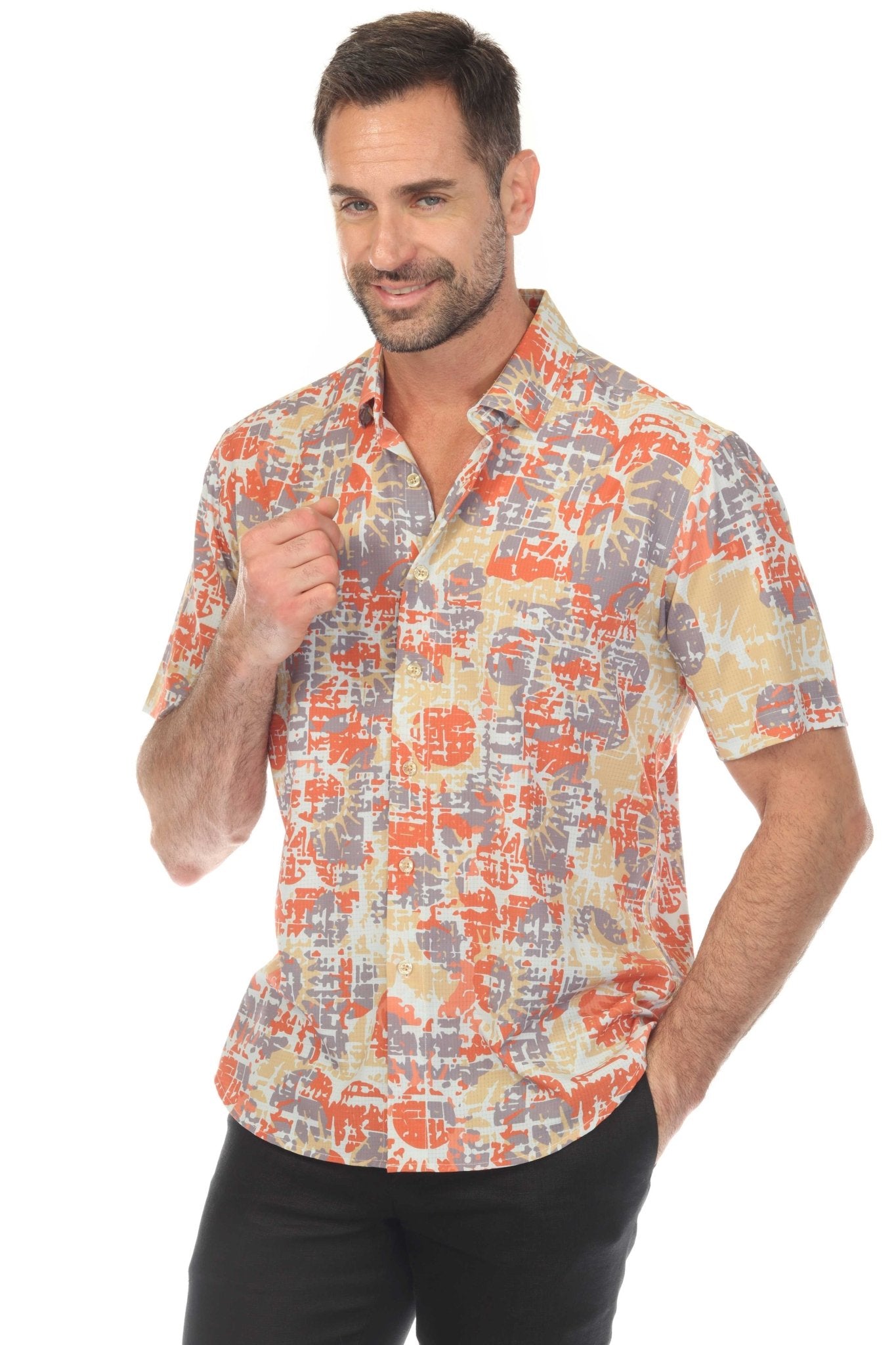 Camisa elástica con estampado elegante de manga corta para hombre
