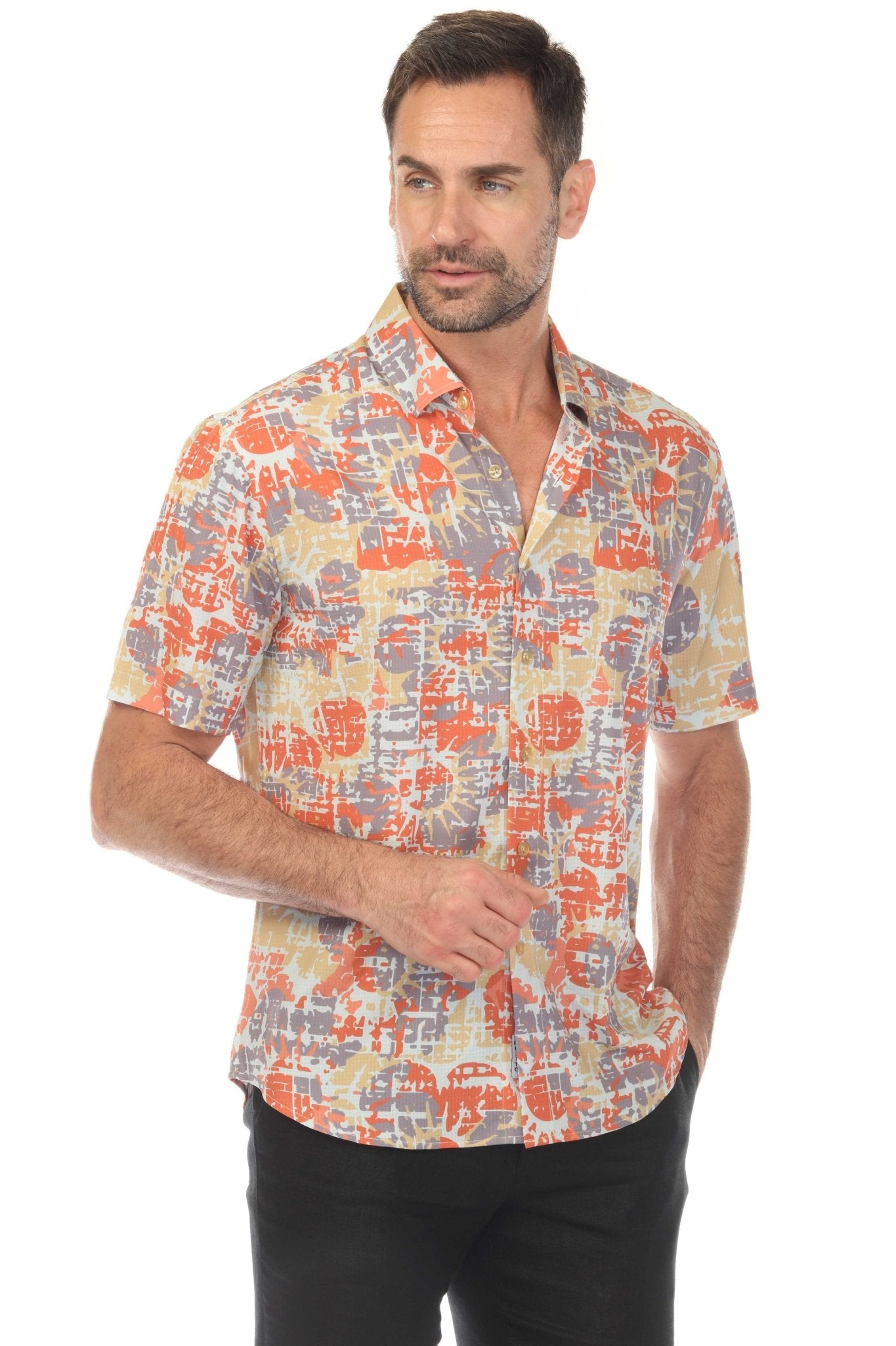 Camisa elástica con estampado elegante de manga corta para hombre