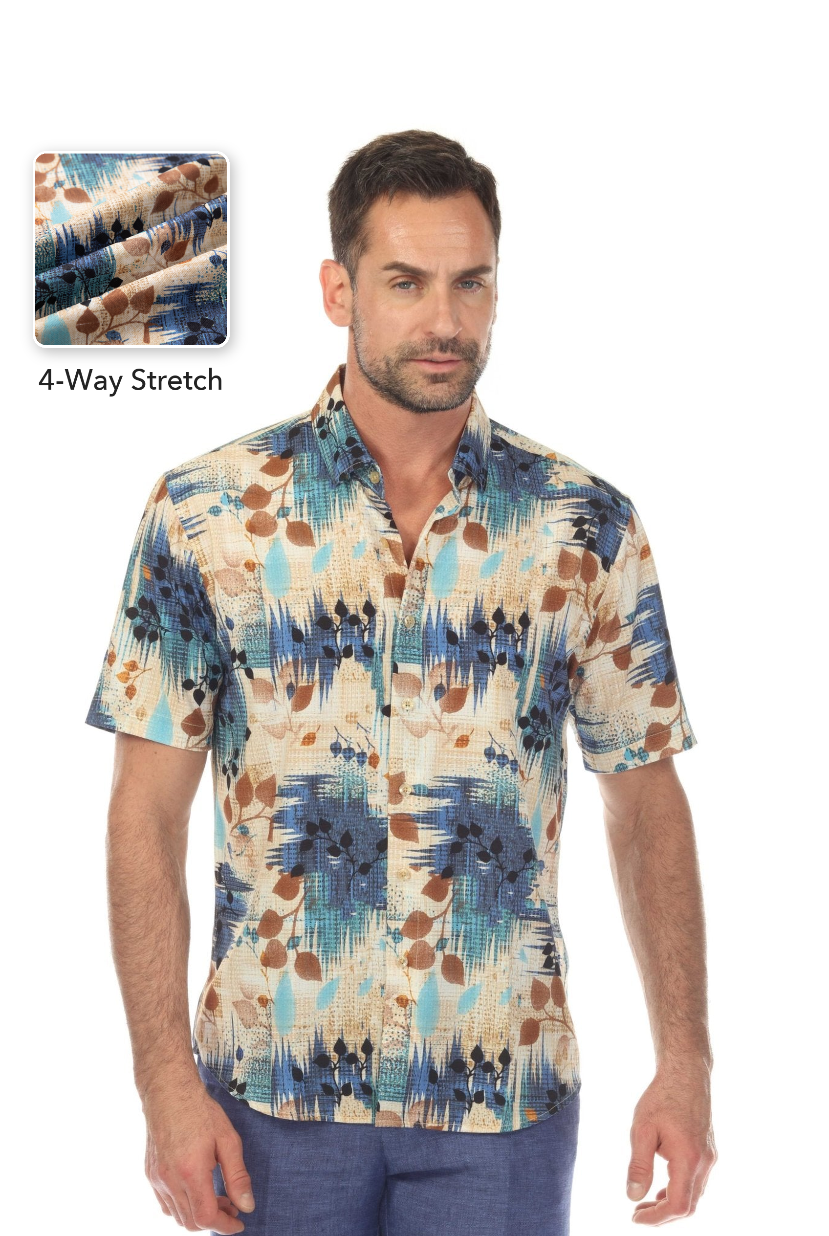 Camisa Champán y Azul Elástica en 4 Direcciones Manga Corta