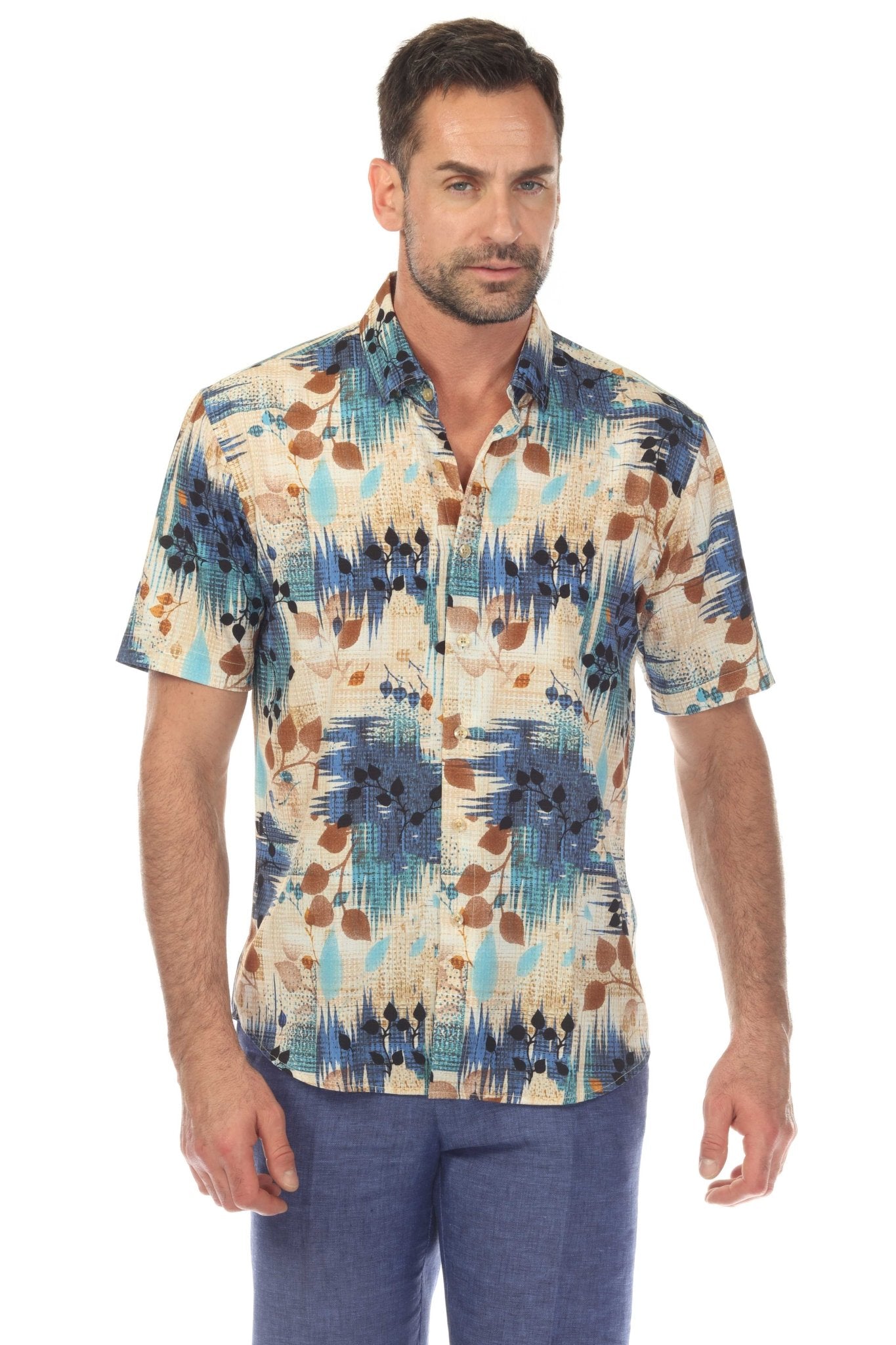 Camisa elástica con estampado elegante de manga corta para hombre