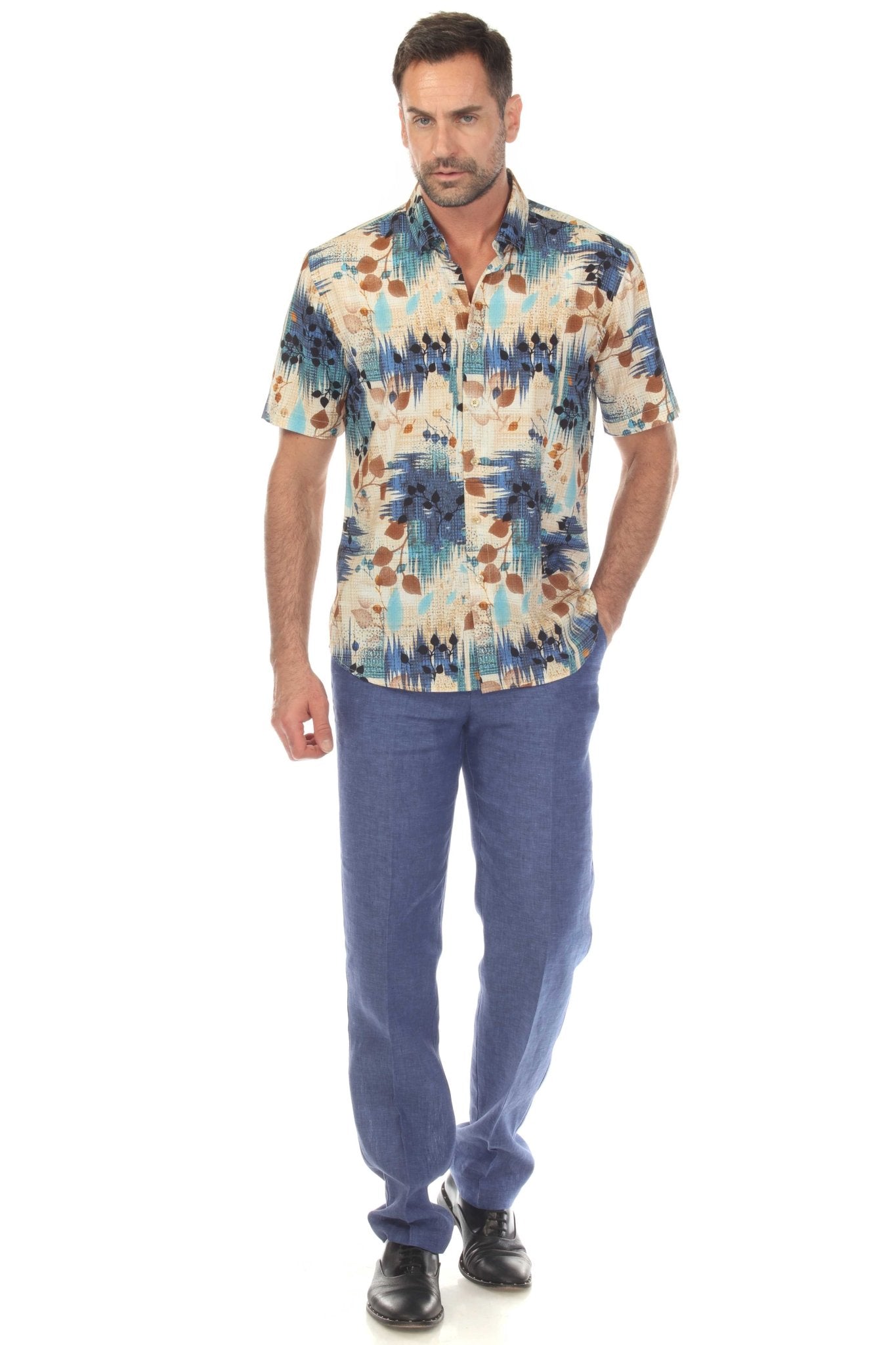 Camisa elástica con estampado elegante de manga corta para hombre