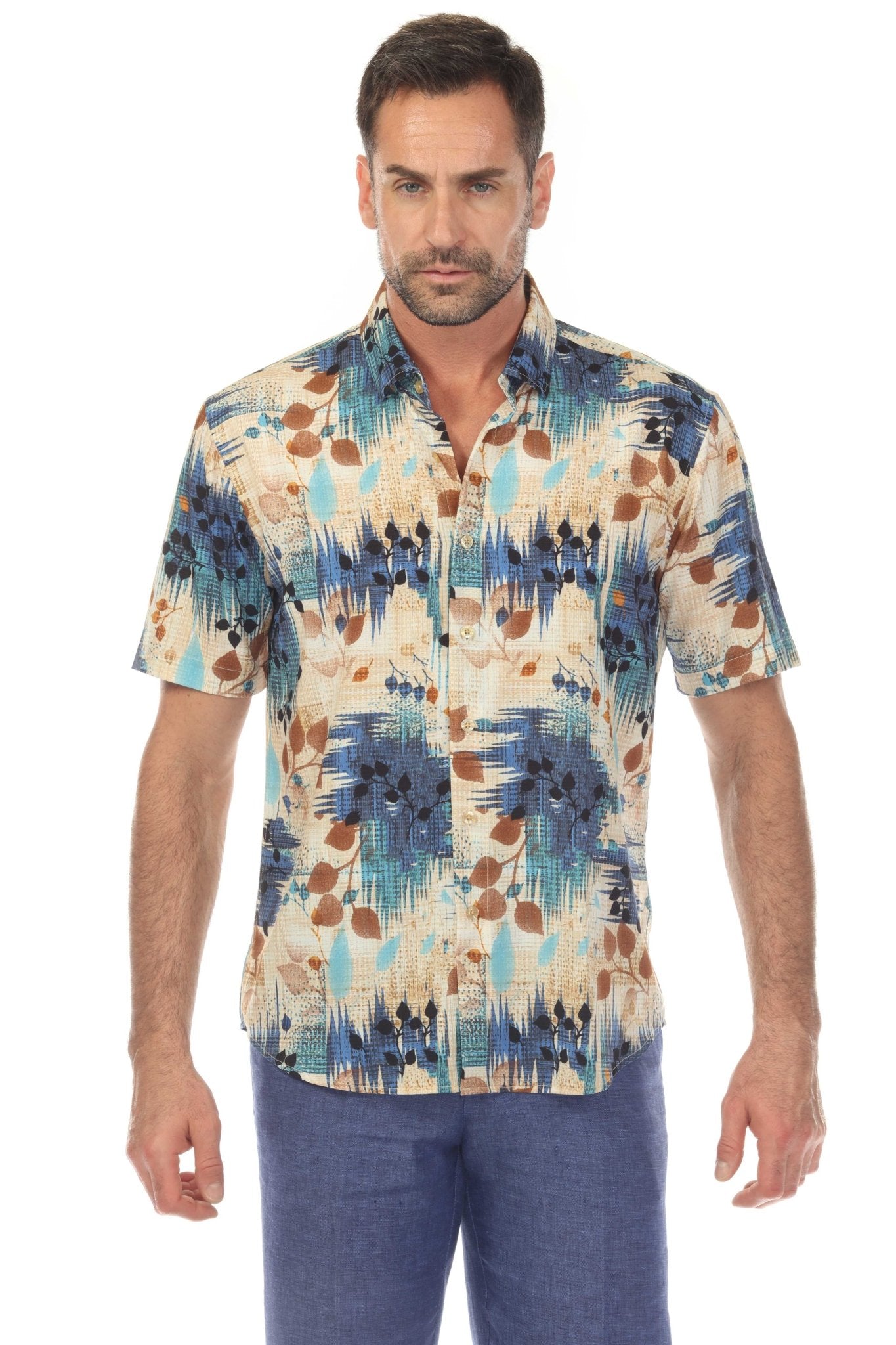 Camisa elástica con estampado elegante de manga corta para hombre
