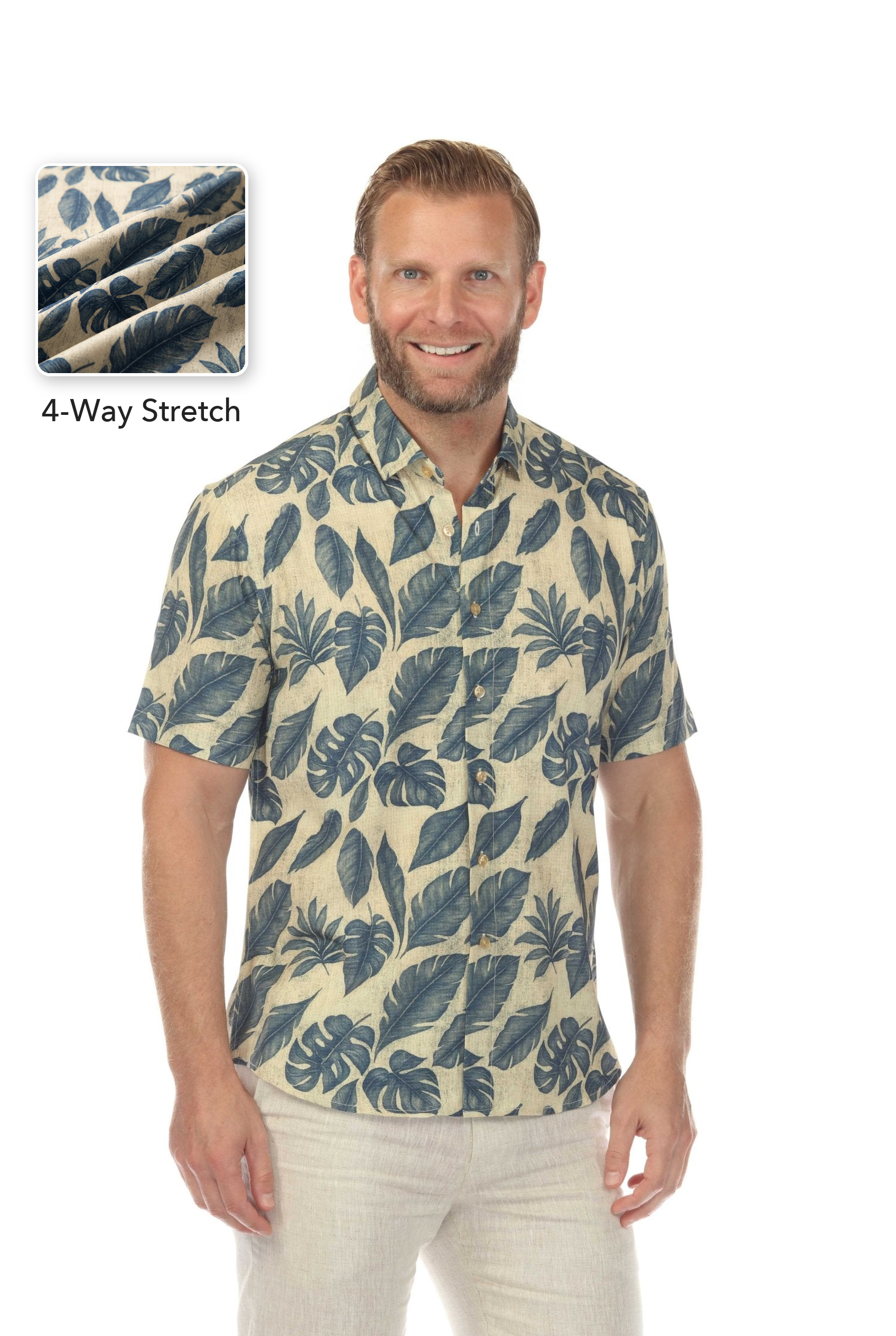 Camisa Beige y Azul Marino Elástica en 4 Direcciones Manga Corta