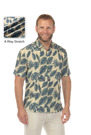 Camisa Beige y Azul Marino Elástica en 4 Direcciones Manga Corta