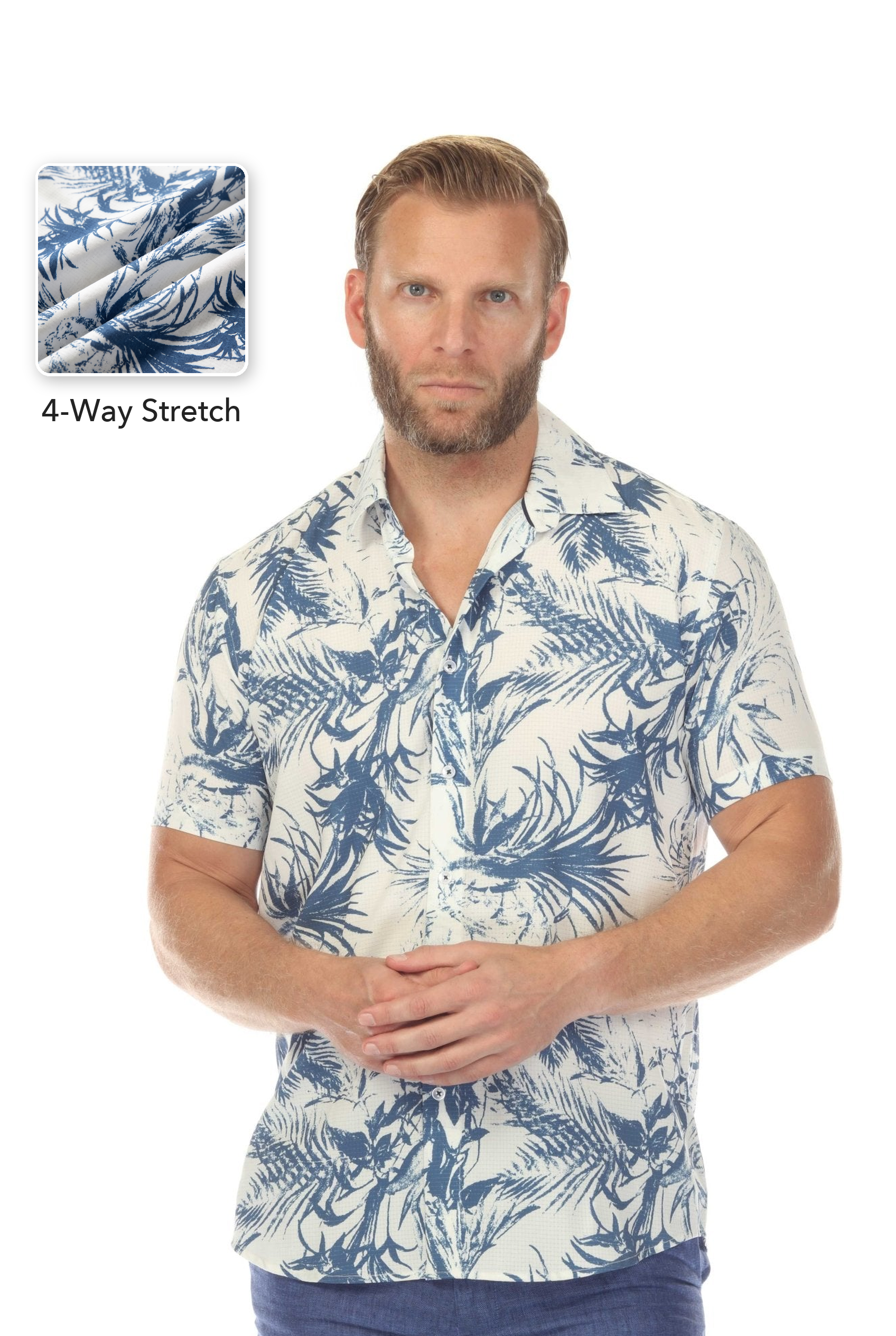 Camisa Blanco y Azul Marino Elástica en 4 Direcciones Manga Corta
