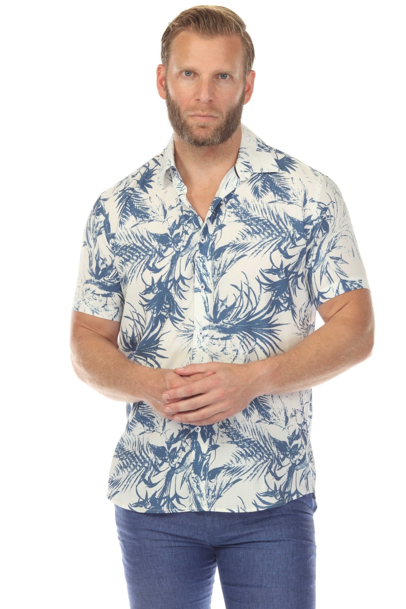 Camisa elástica con estampado elegante de manga corta para hombre