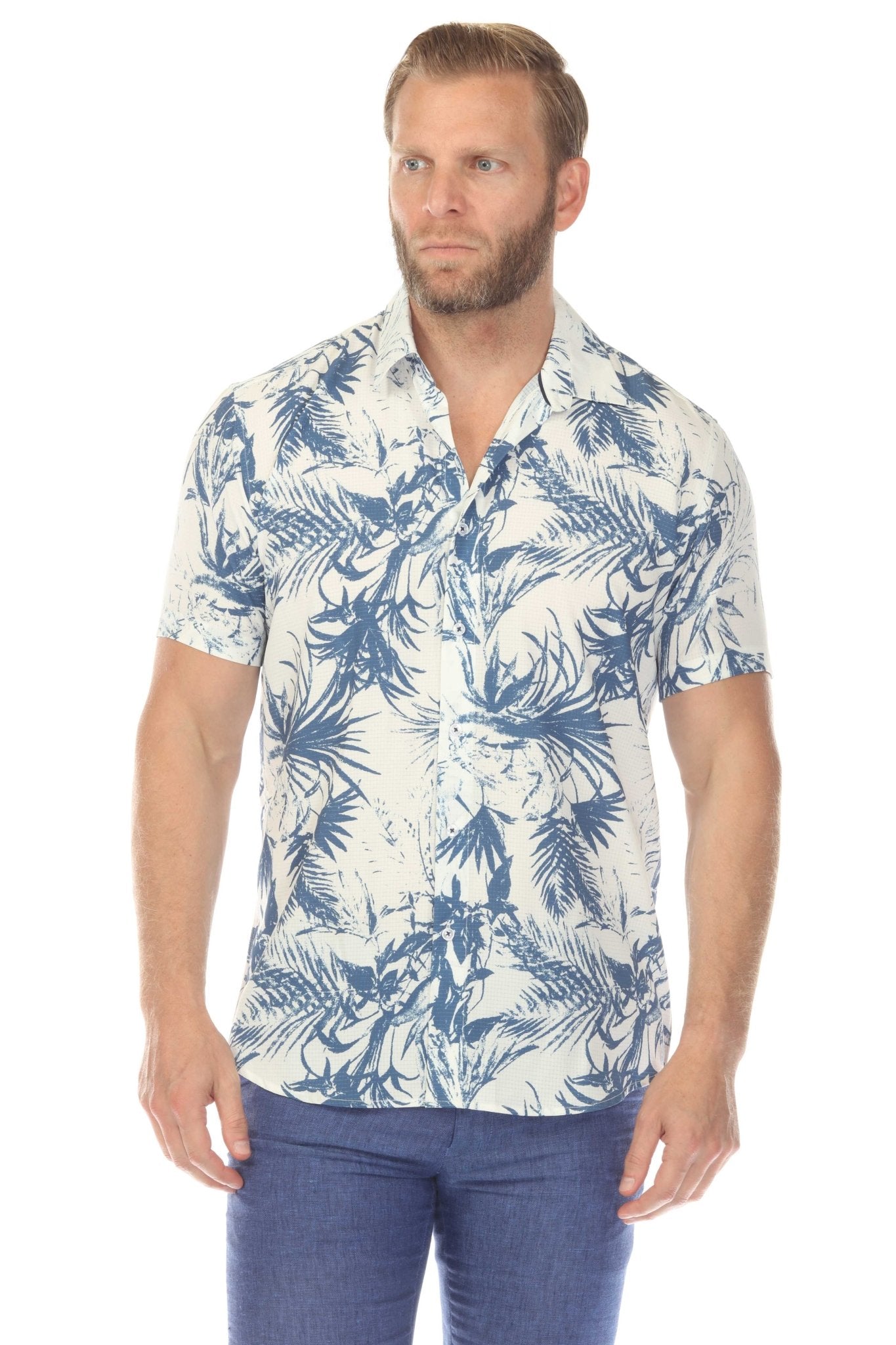 Camisa elástica con estampado elegante de manga corta para hombre