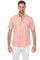 A man wears a light pink Menâ€™s Classic 4-Way Stretch Short Sleeve Shirt with white pants, facing forward.