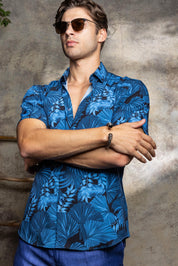 Men’s Blue Floral 4-Way Stretch Short Sleeve Shirt