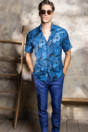 Men’s Blue Floral 4-Way Stretch Short Sleeve Shirt