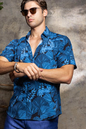 Men’s Blue Floral 4-Way Stretch Short Sleeve Shirt