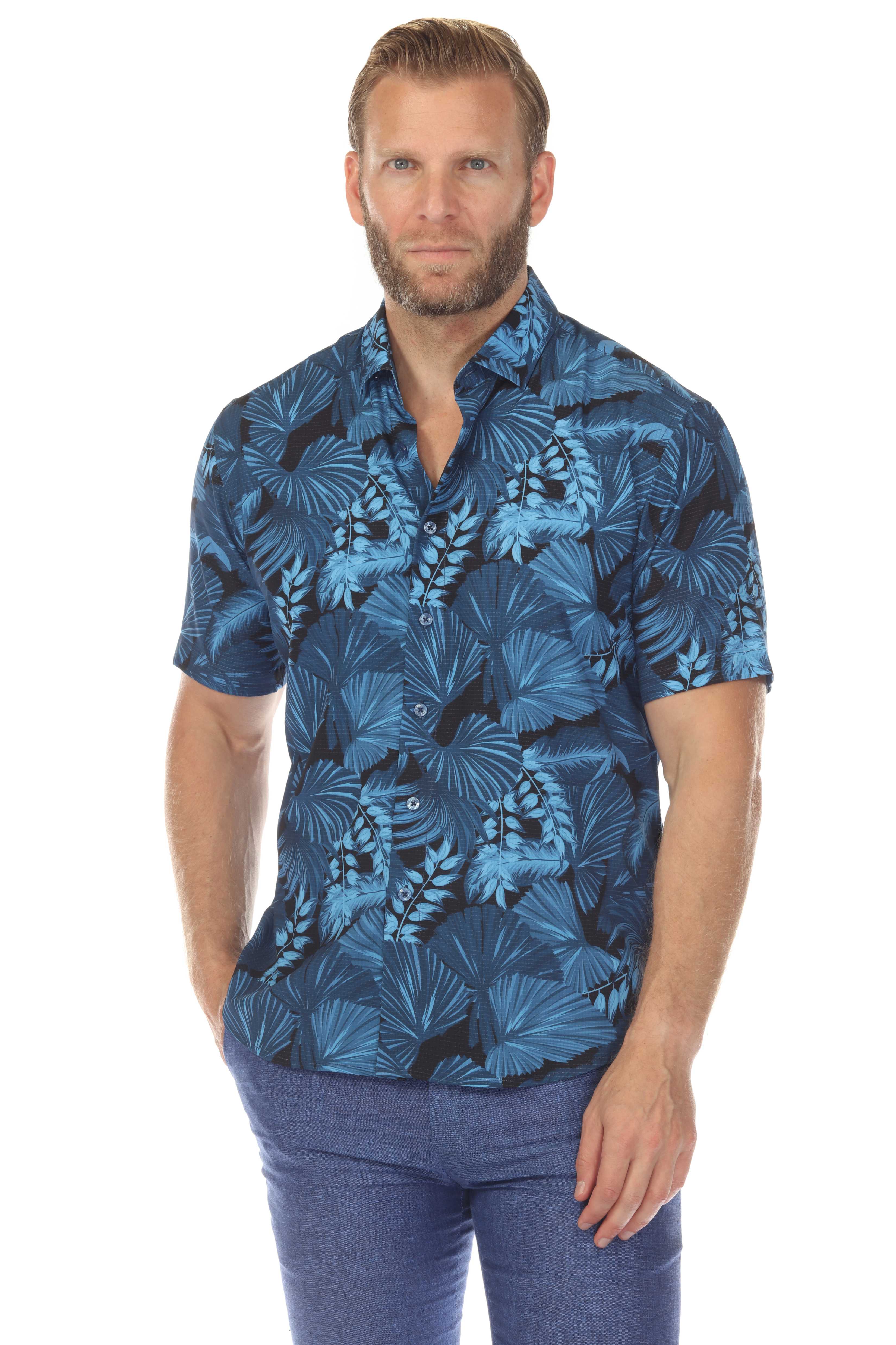 Men’s Blue Floral 4-Way Stretch Short Sleeve Shirt