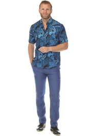 Men’s Blue Floral 4-Way Stretch Short Sleeve Shirt