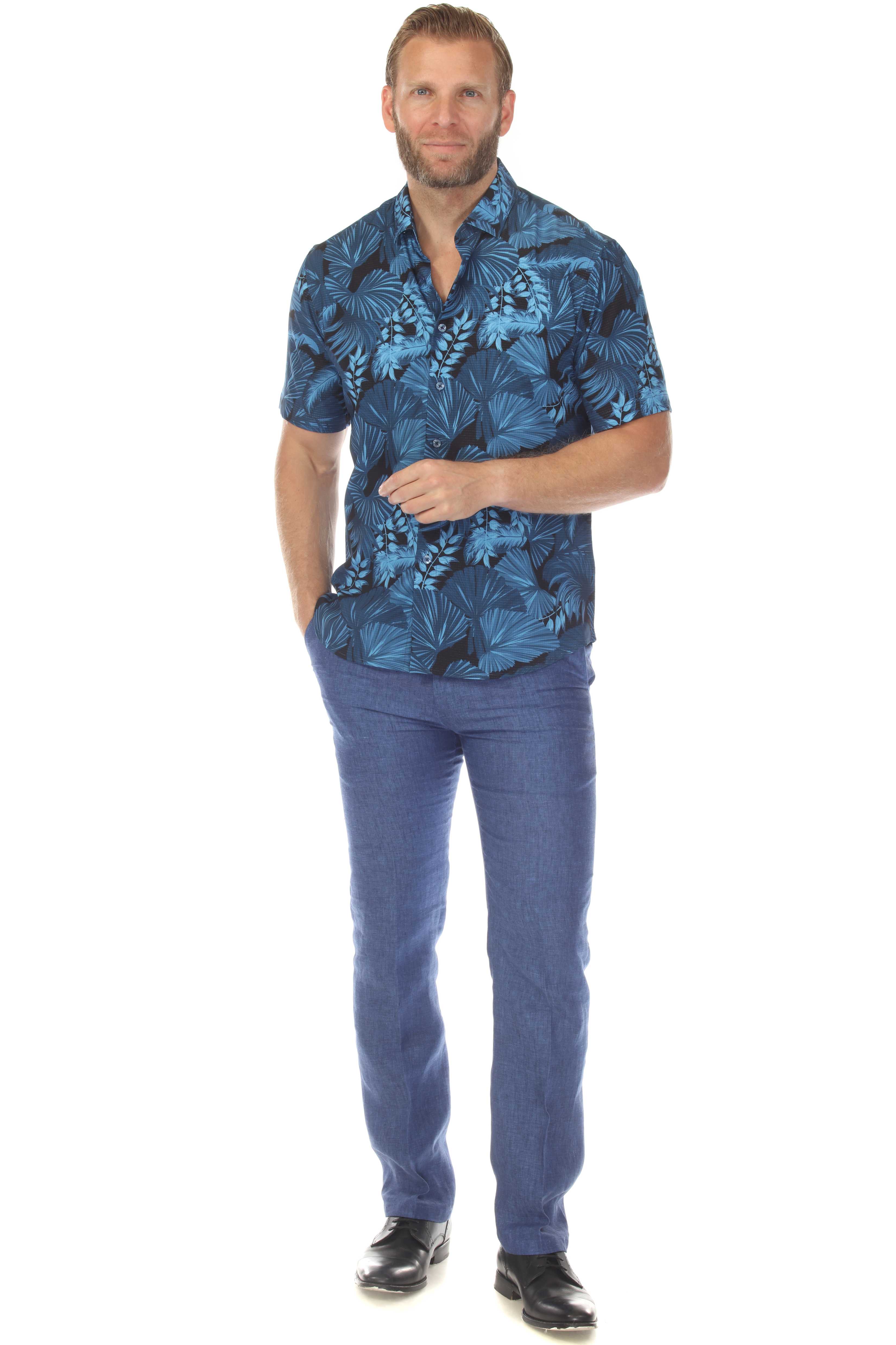 Men’s Blue Floral 4-Way Stretch Short Sleeve Shirt