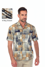 Camisa Negro y Champán Elástica en 4 Direcciones Manga Corta