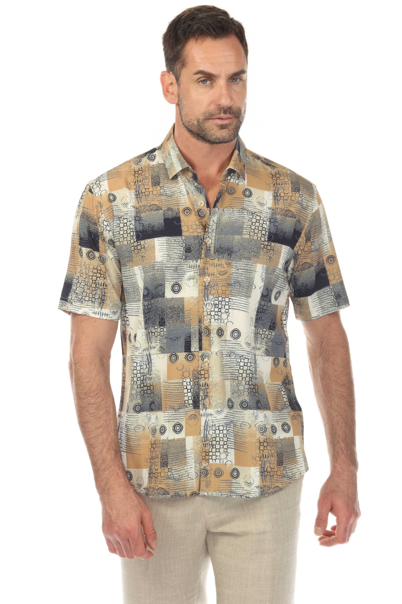 Men's Black Champagne 4-Way Stretch Short Sleeve Shirt MEDIUM / CHAMPAGNE-BLACK
