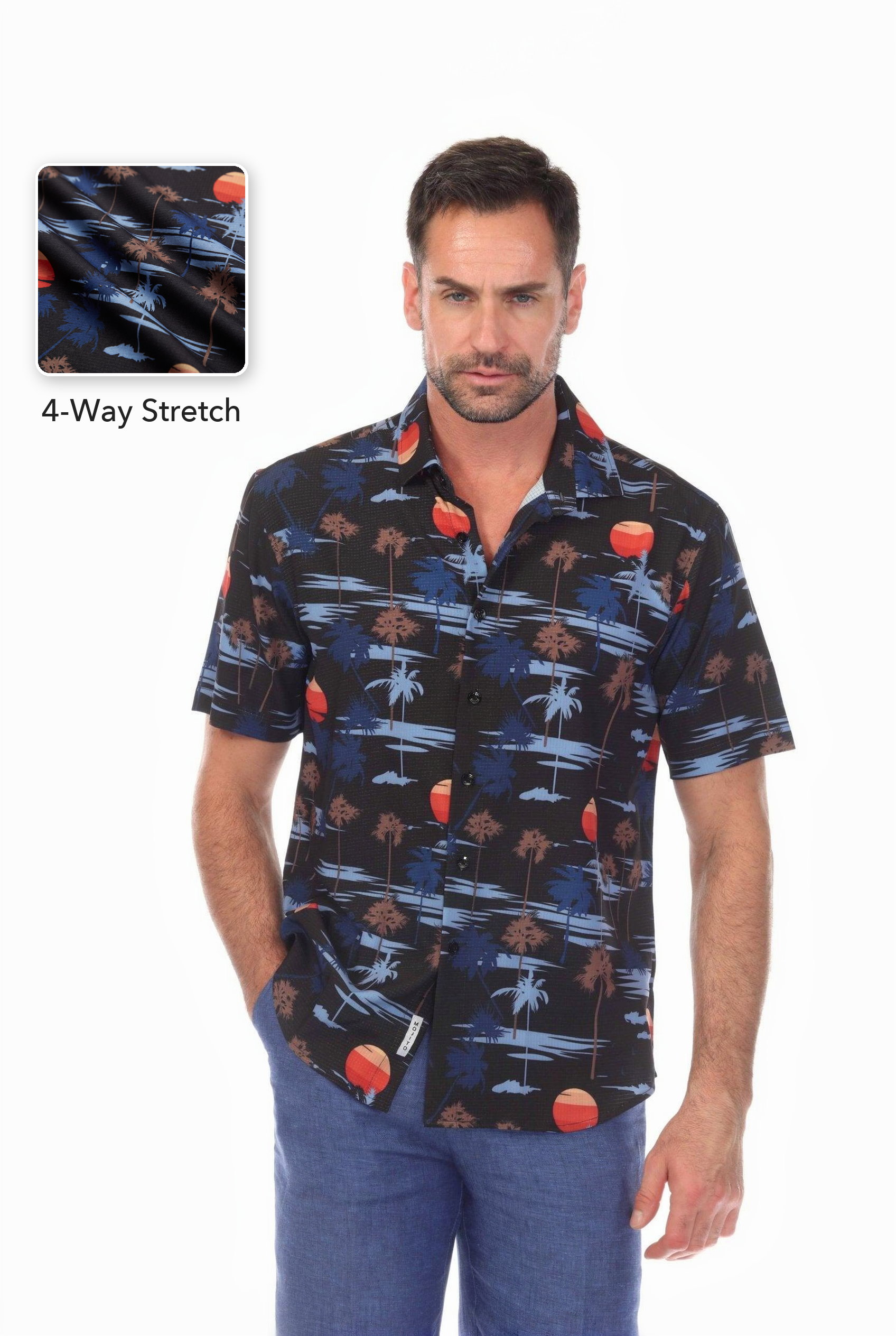 Camisa con Estampado de Palmeras Elástica en 4 Direcciones Manga Corta