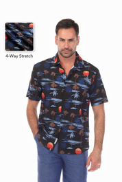 Camisa con Estampado de Palmeras Elástica en 4 Direcciones Manga Corta