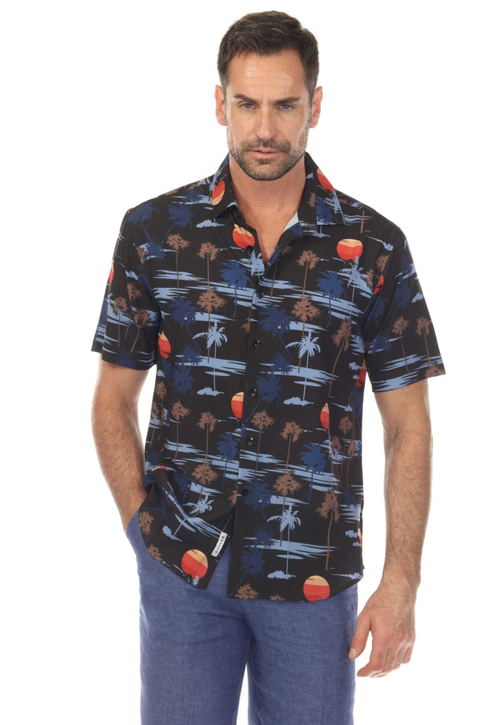 Palm Tree Print 4-Way Stretch Short Sleeve Shirt