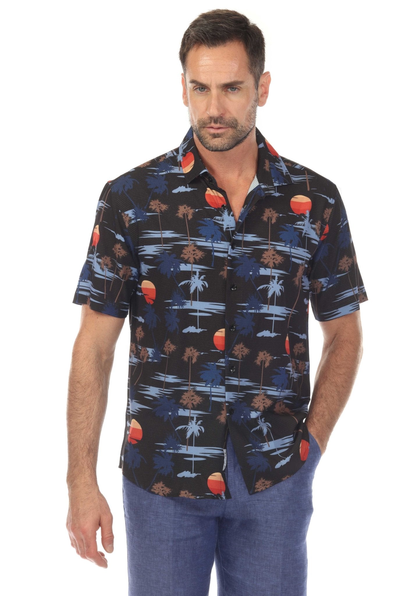 Camisa elástica con estampado elegante de manga corta para hombre