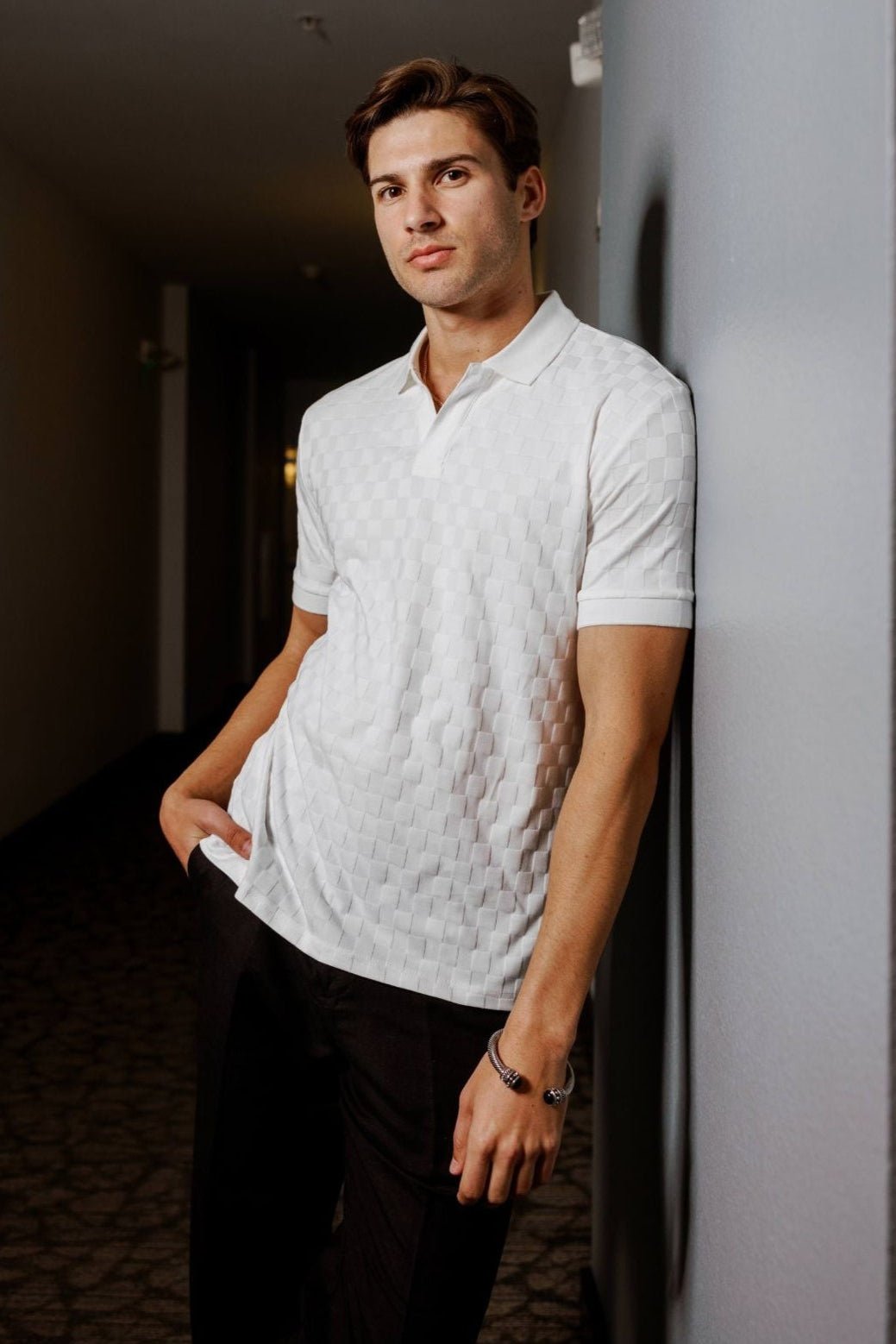Men's Knit Checkered Textured Polo Shirt Short Sleeve Large / OFFWHITE Men's Knit Checkered Textured Polo Shirt Short Sleeve Large / OFFWHITE