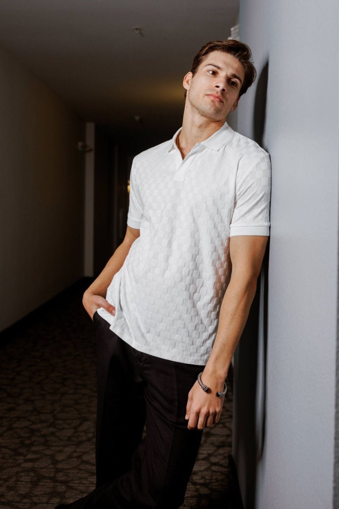 Men's Knit Checkered Textured Polo Shirt Short Sleeve Large / OFFWHITE Men's Knit Checkered Textured Polo Shirt Short Sleeve Large / OFFWHITE