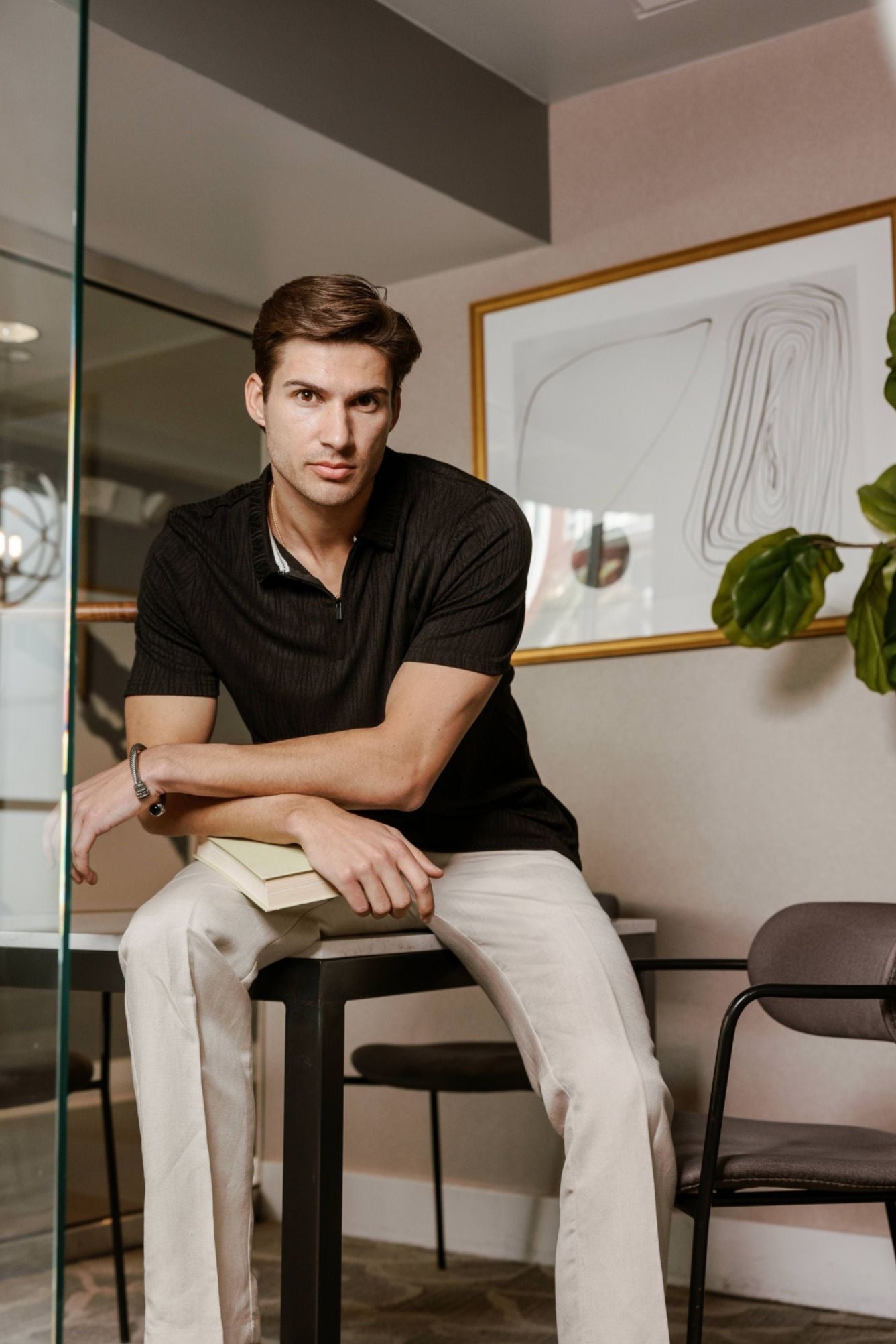 Mojito Mens Premium Stylish Polo Shirt with Modern Textured Pattern and Zipper Neckline