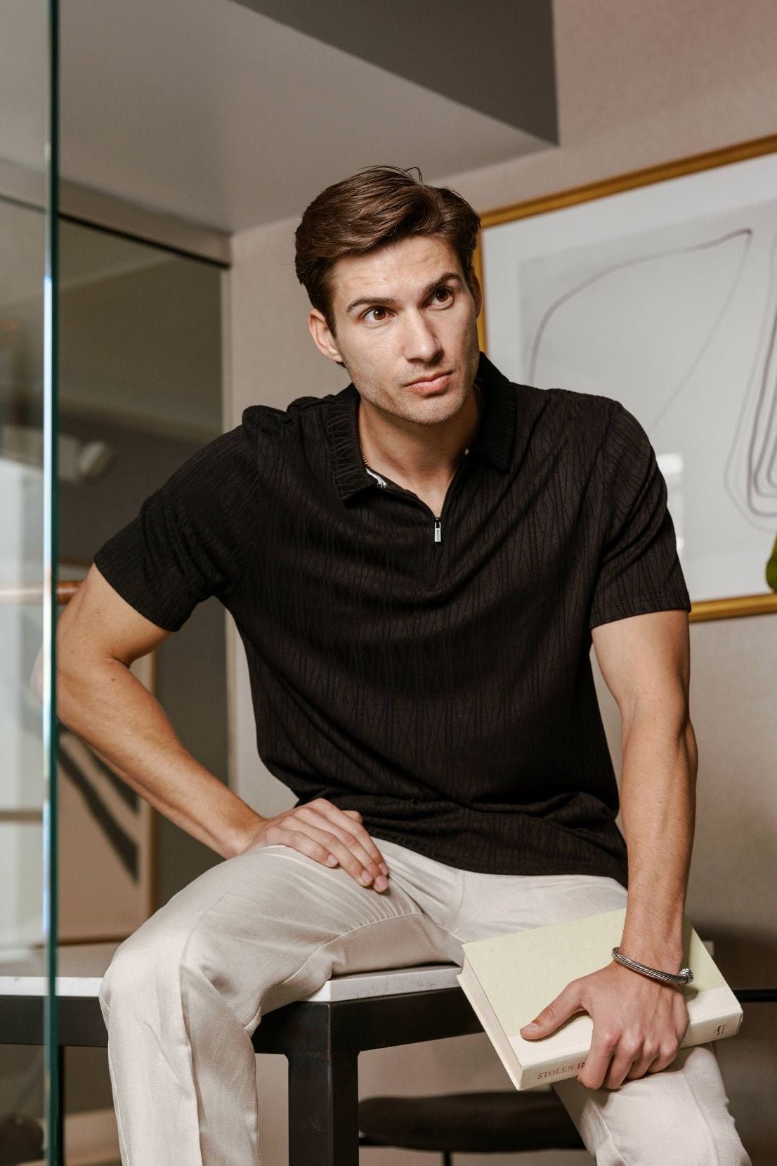 Men's Premium Stylish Polo Shirt with Modern Textured Pattern and Zipper Neckline