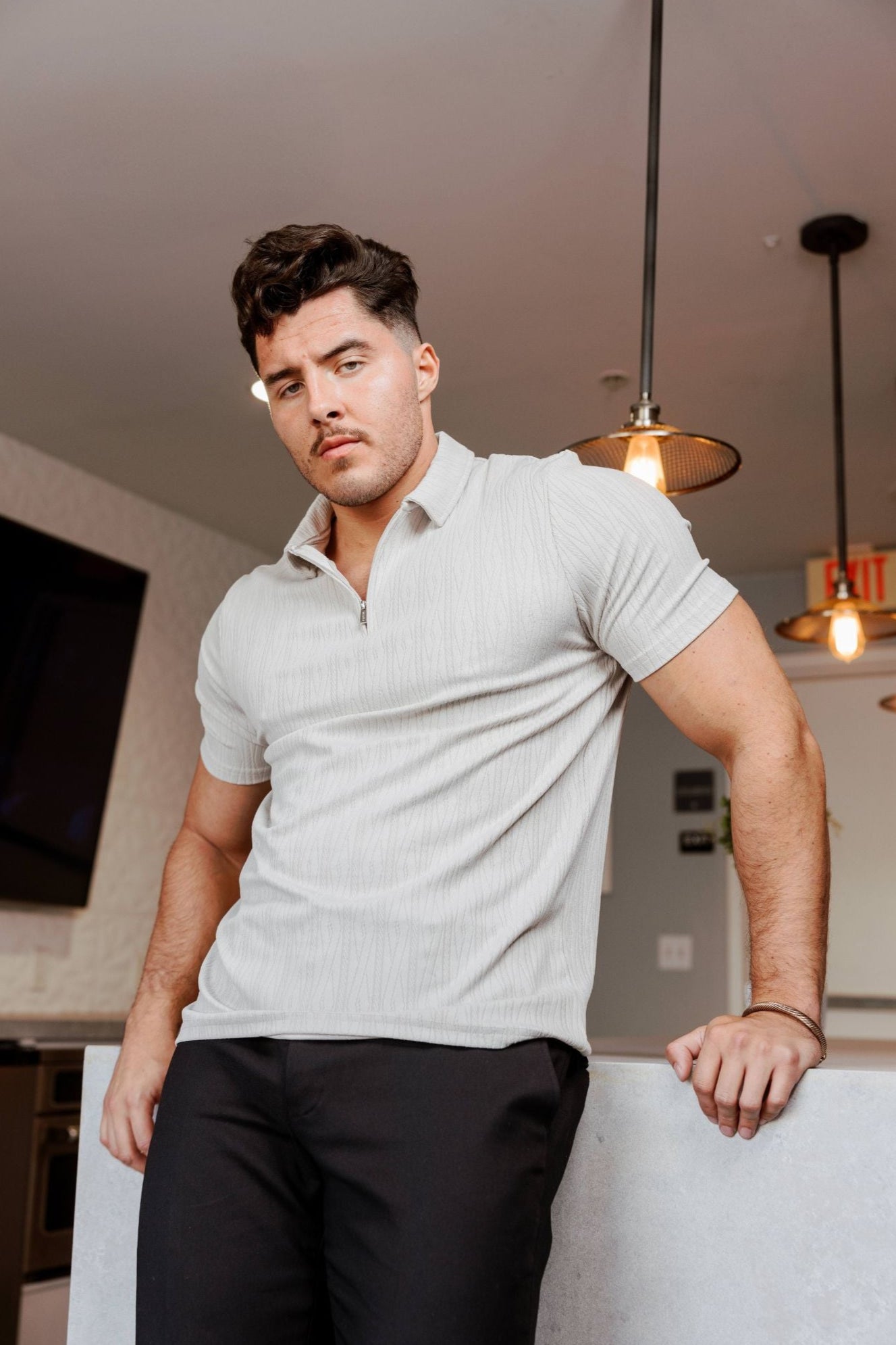 Mojito Mens Premium Stylish Polo Shirt with Modern Textured Pattern and Zipper Neckline