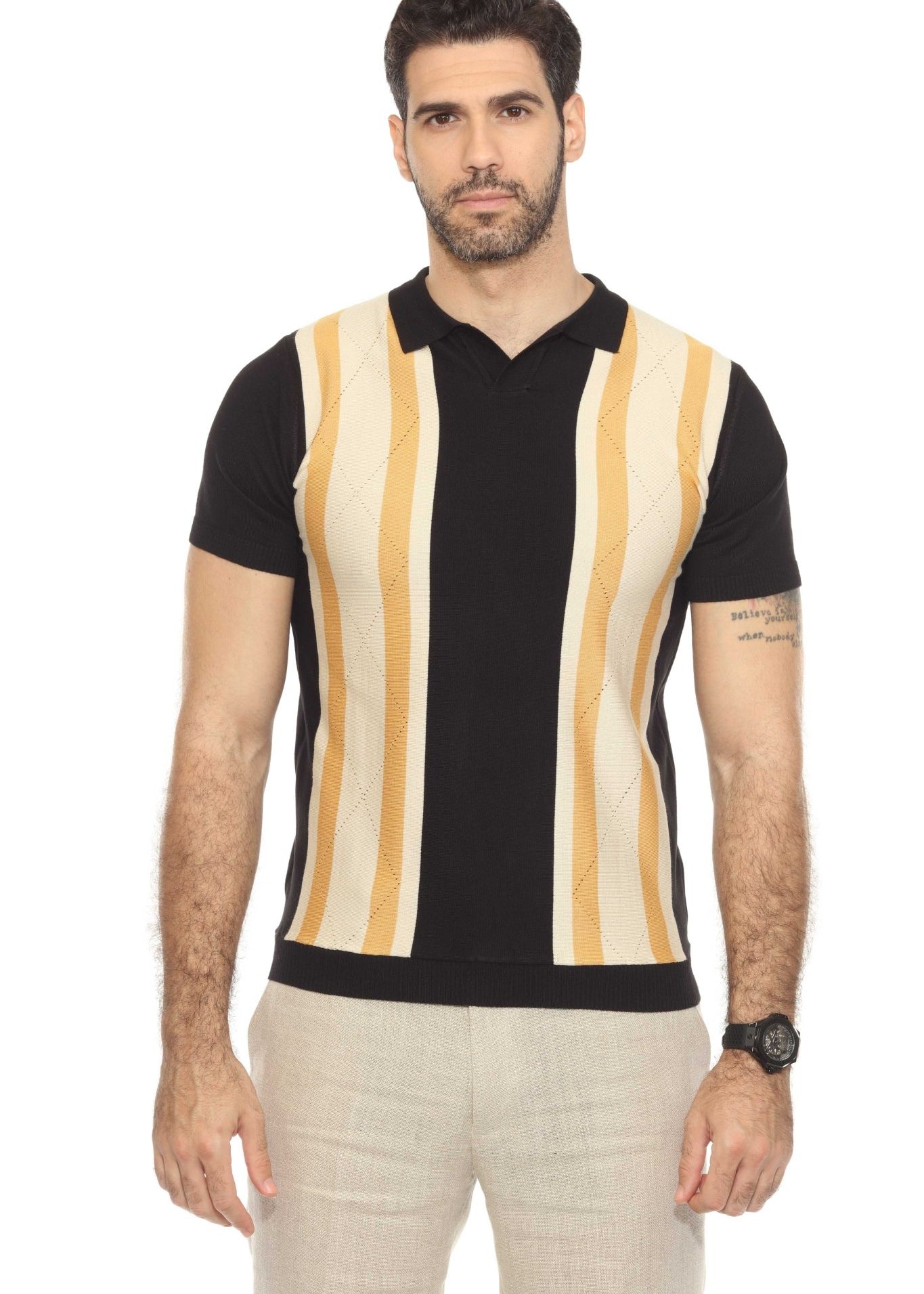 Men's Stylish Premium Knit Textured Polo Shirt with Color Stripe Pattern