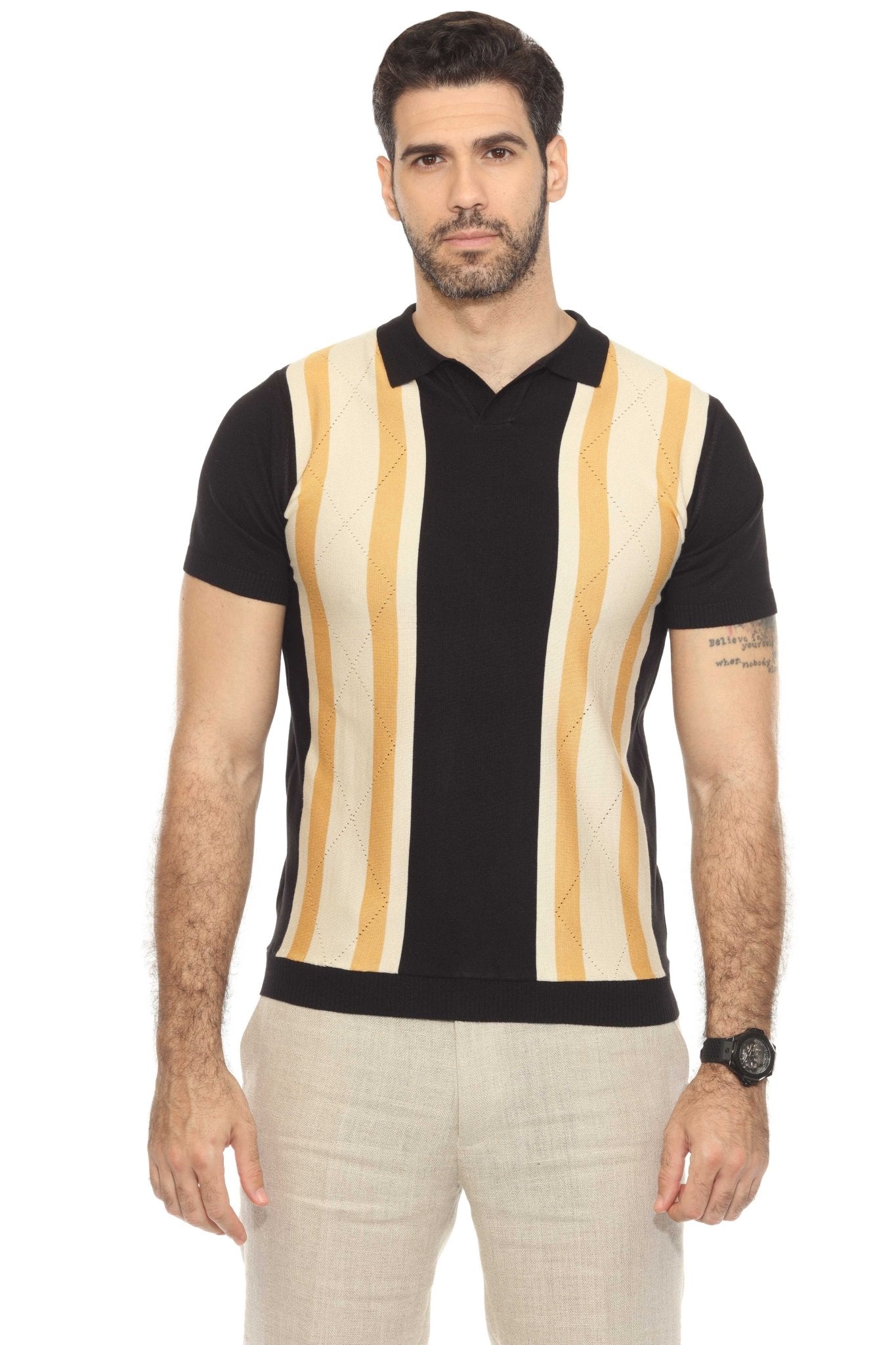 Men's Stylish Premium Knit Textured Polo Shirt with Color Stripe Pattern