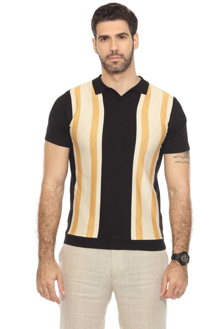 Stylish Premium Knit Textured Polo Shirt with Color Stripe Pattern