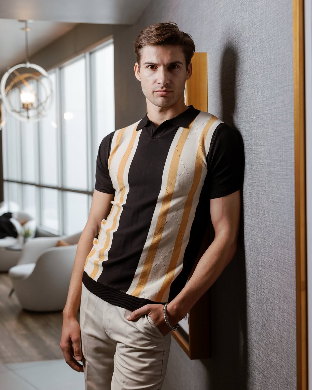 Mojito Mens Stylish Premium Knit Textured Polo Shirt with Color Stripe Pattern