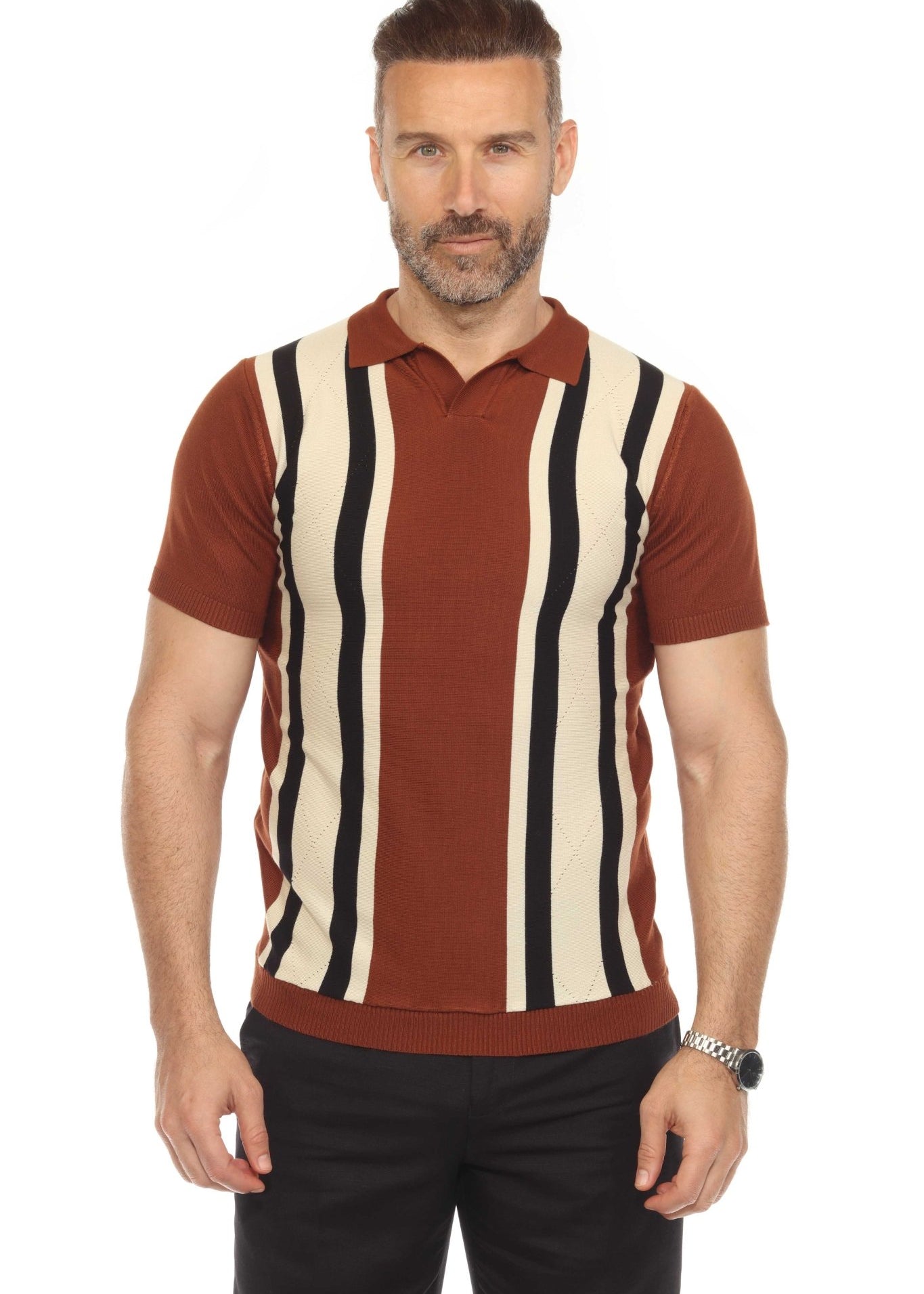 Men's Stylish Premium Knit Textured Polo Shirt with Color Stripe Pattern