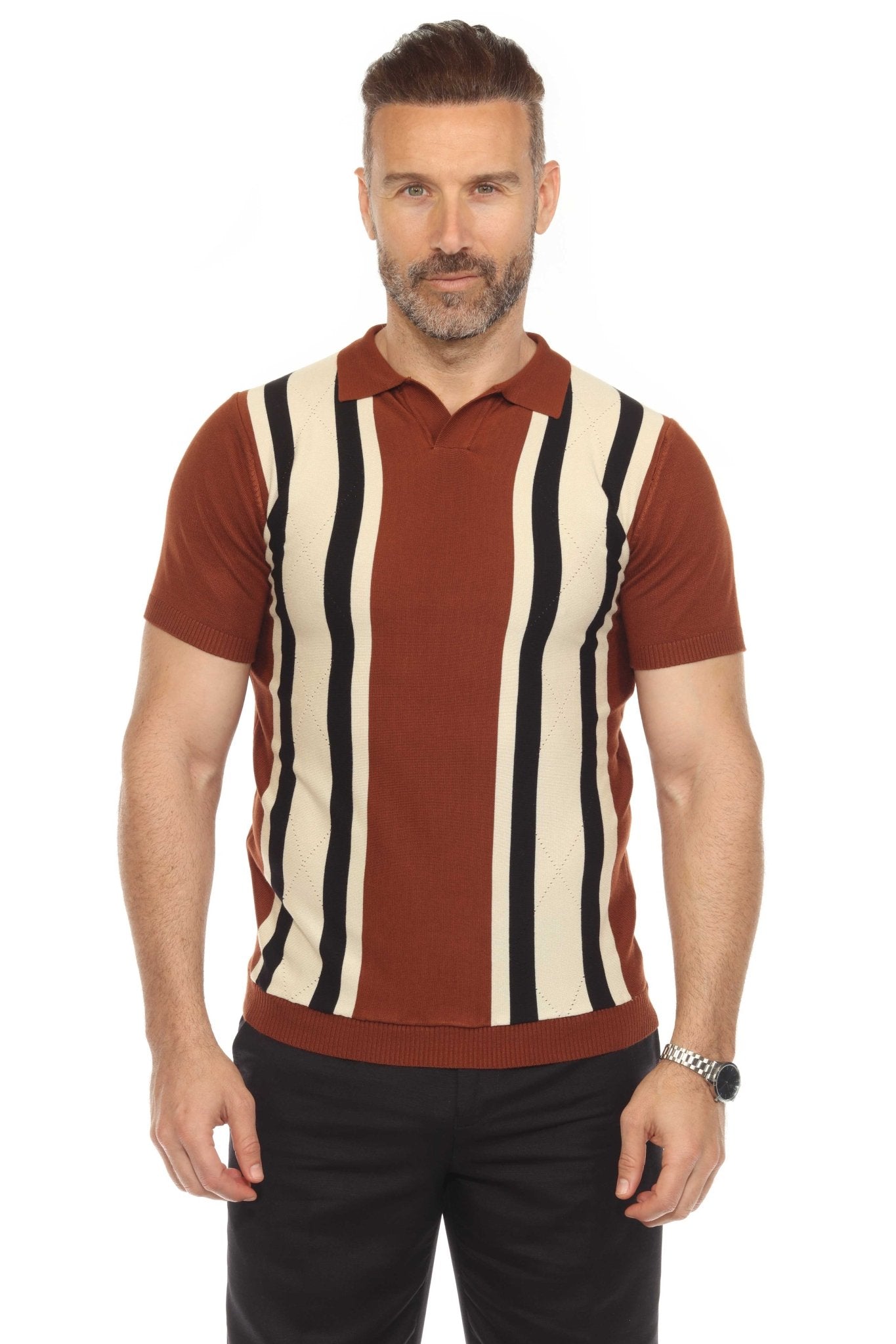 Men's Stylish Premium Knit Textured Polo Shirt with Color Stripe Pattern