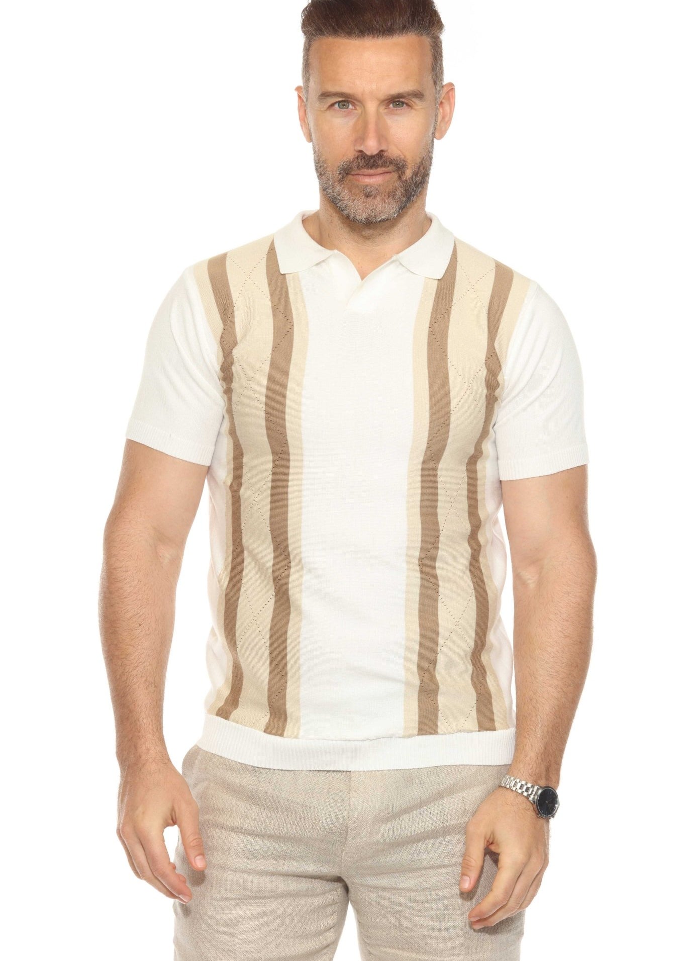 Men's Stylish Premium Knit Textured Polo Shirt with Color Stripe Pattern