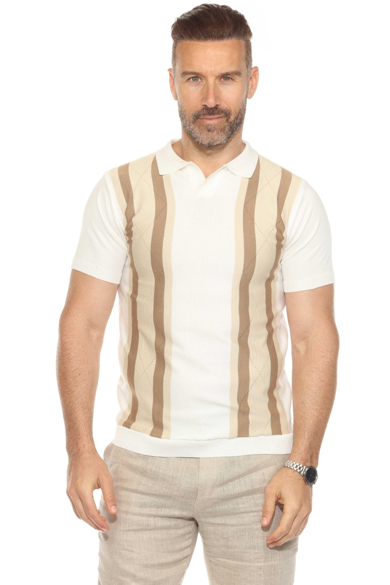 Men's Stylish Premium Knit Textured Polo Shirt with Color Stripe Pattern