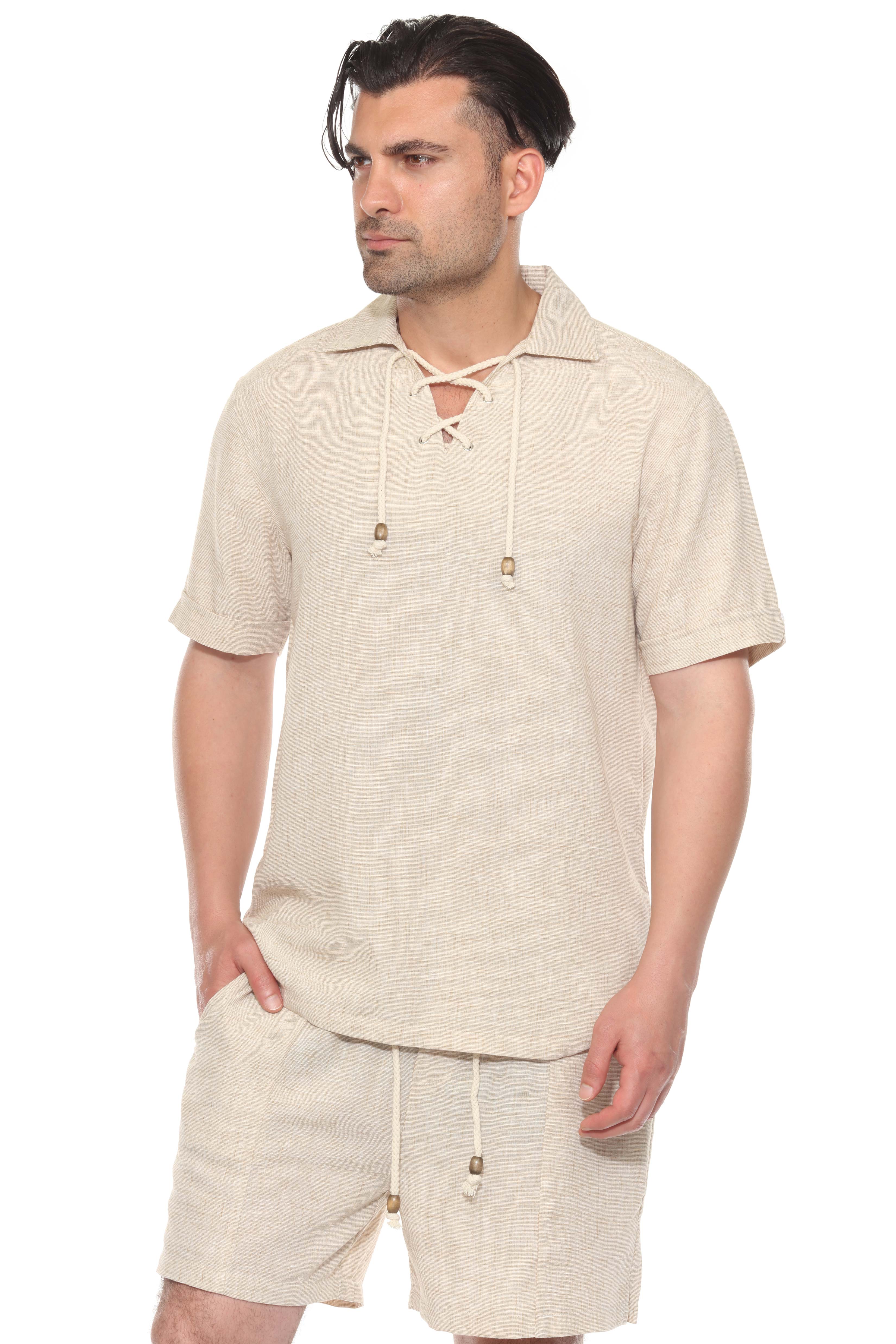 Men's Beach Resort Wear Lounge Short Set with Drawstring Shirt