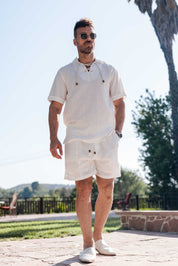 Men's Beach Resort Wear Lounge Short Set with Drawstring Shirt